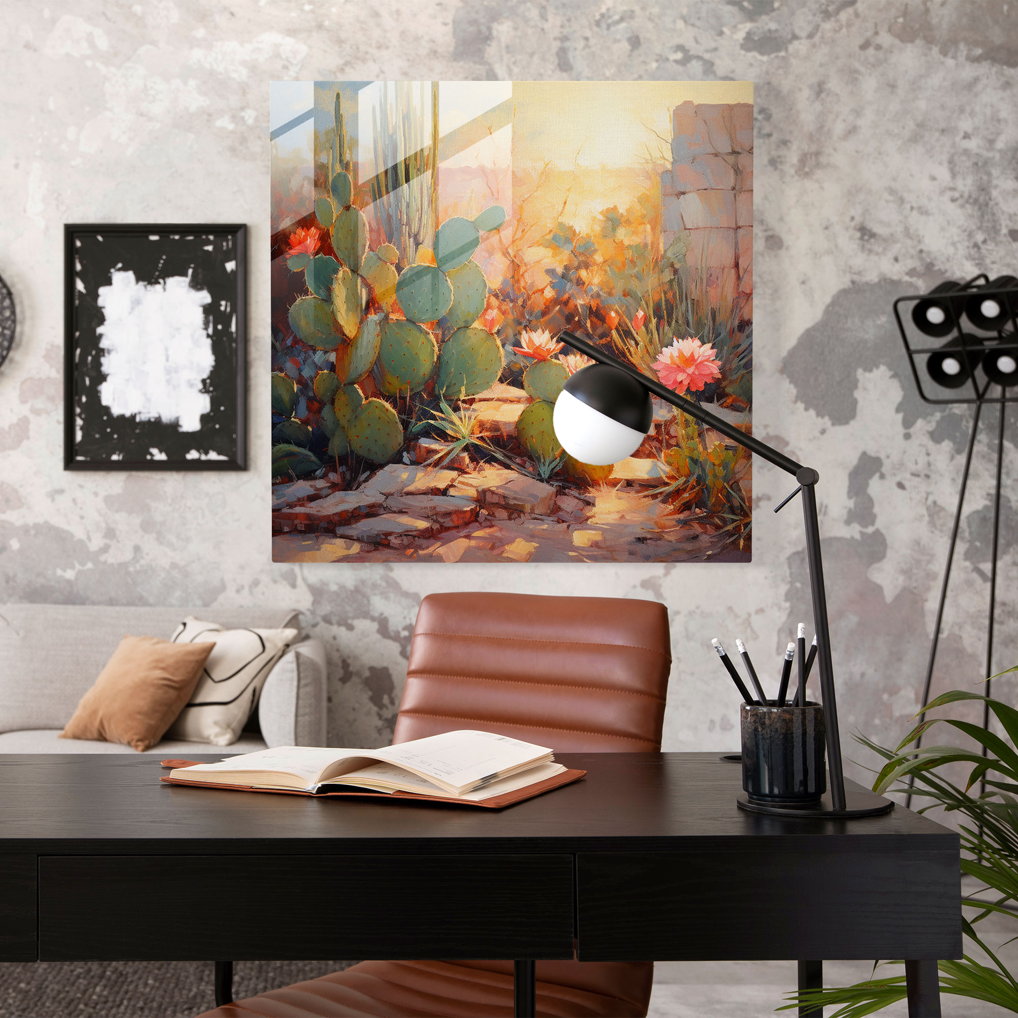 Sunlit Cactus Garden Glass Print - Cactus, Cactus, Warm Sunlight, Modern Art