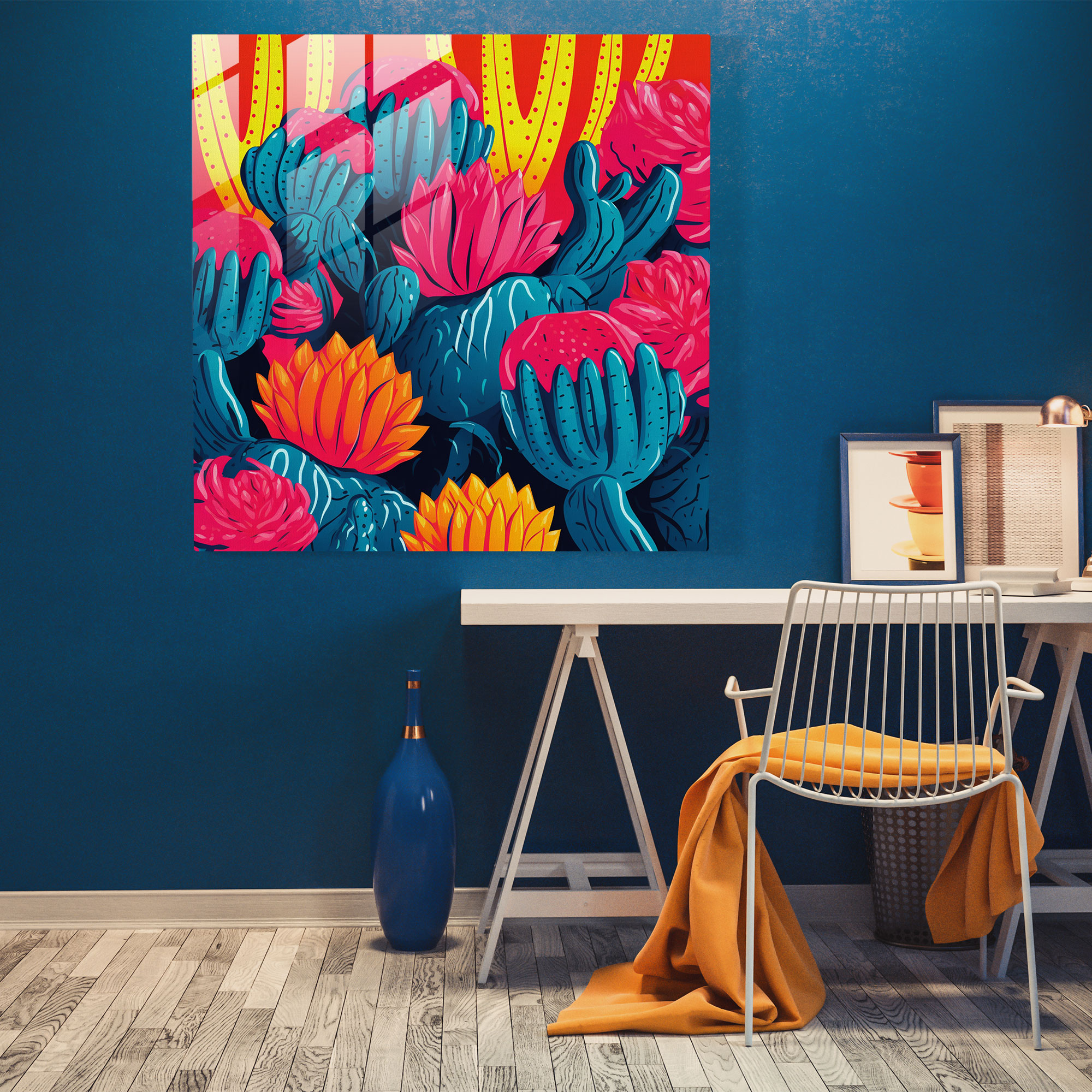 Colorful Cactus Pattern Glass Print - Cactus, Colorful Pattern, Wall Decoration, Home Decoration