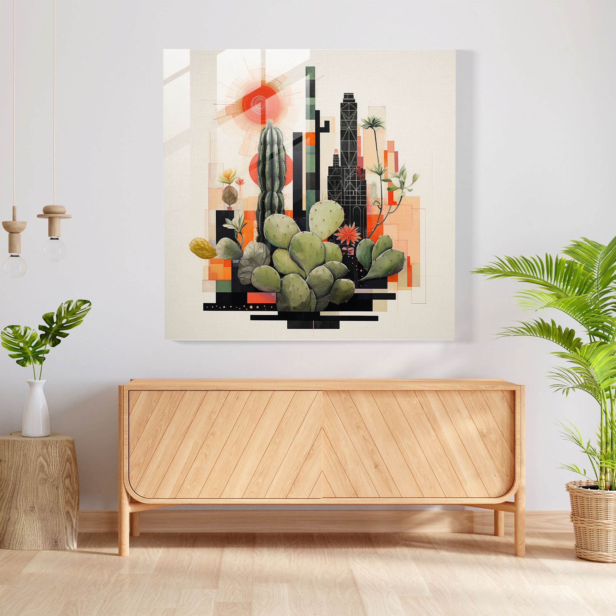 Geometric Cactus Silhouette Glass Print - Cactus, Cactus, Glass Art, Glass Wall Art