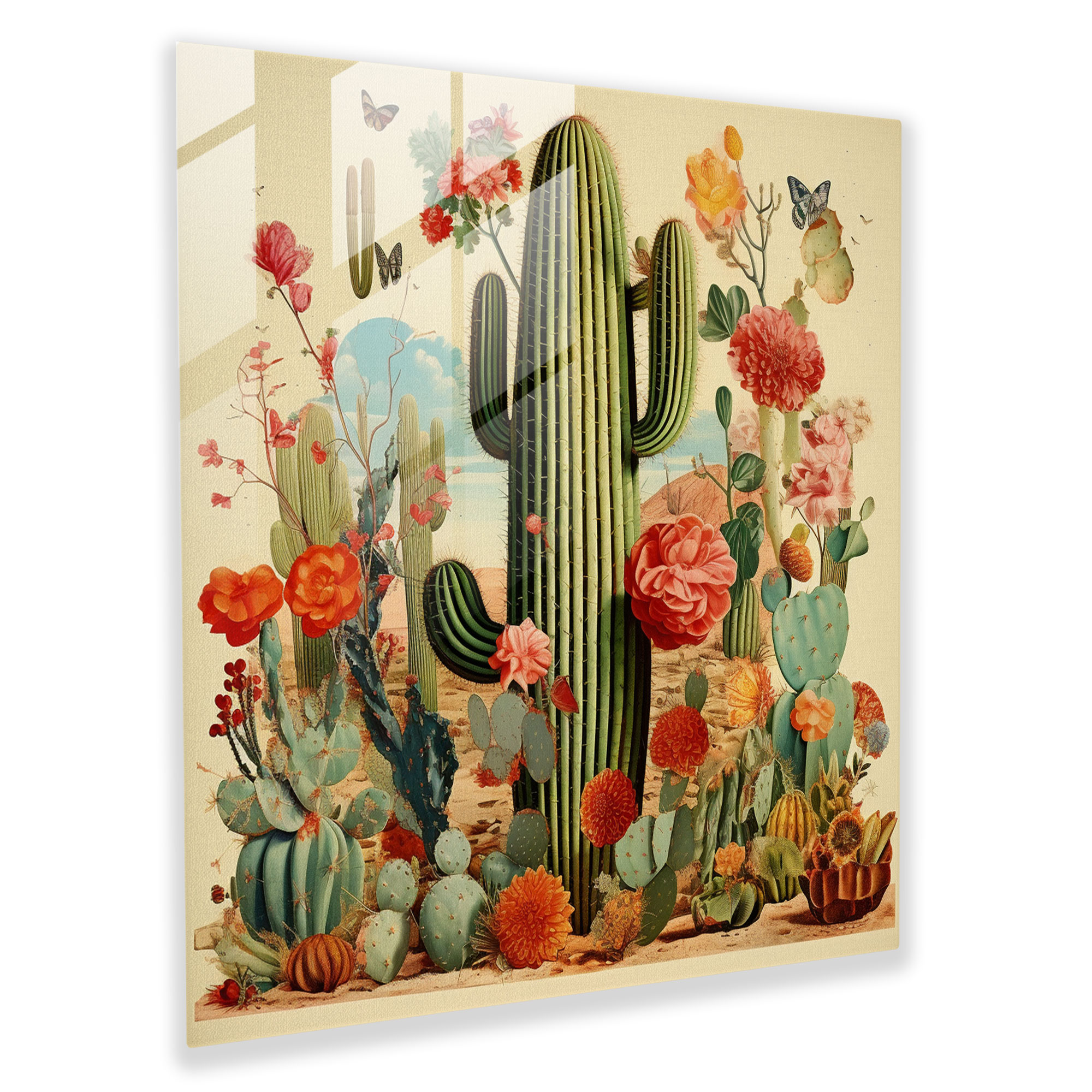 Vintage Cactus Collage Glass Print - Cactus, Vintage Illustrations, Modern Art, Home Decoration