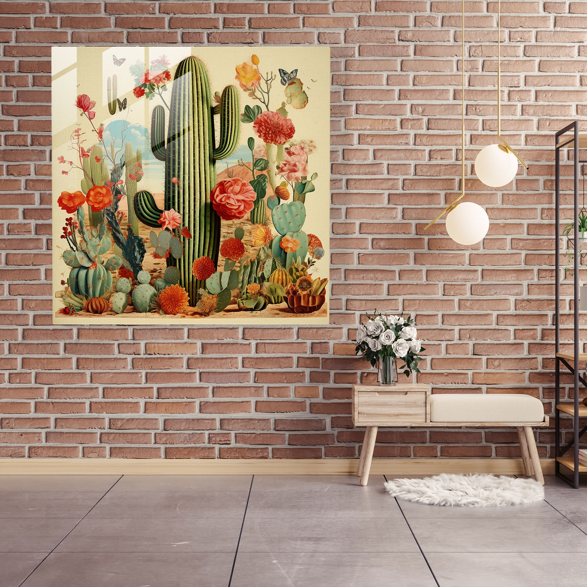 Vintage Cactus Collage Glass Print - Cactus, Vintage Illustrations, Modern Art, Home Decoration