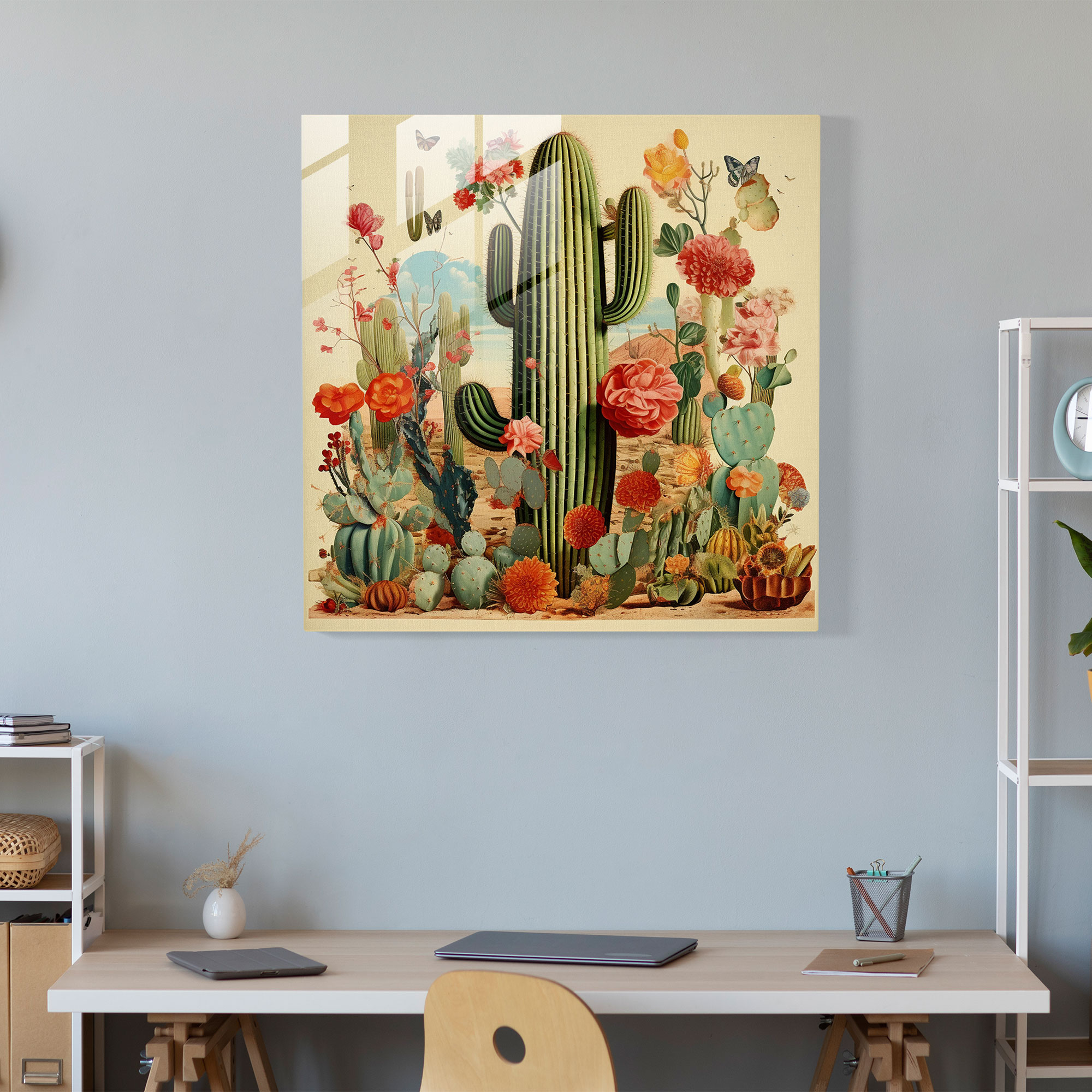 Vintage Cactus Collage Glass Print - Cactus, Vintage Illustrations, Modern Art, Home Decoration