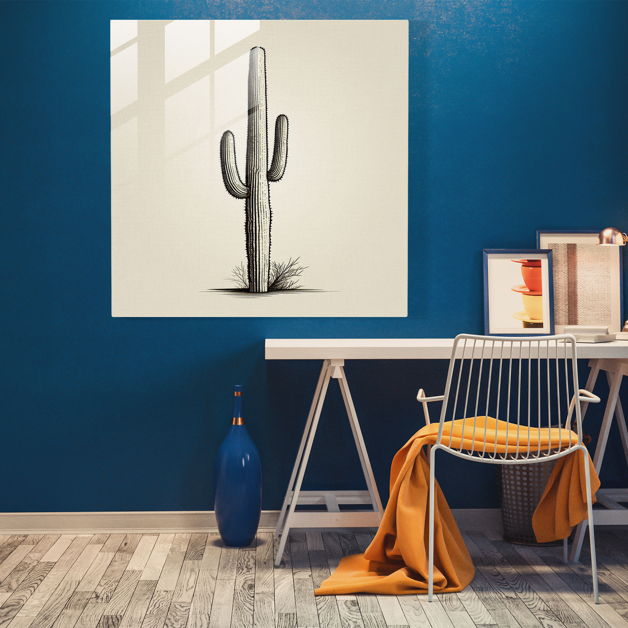 Desert Cactus Glass Print - Cactus, Modern Art, Wall Decoration, Line Drawing
