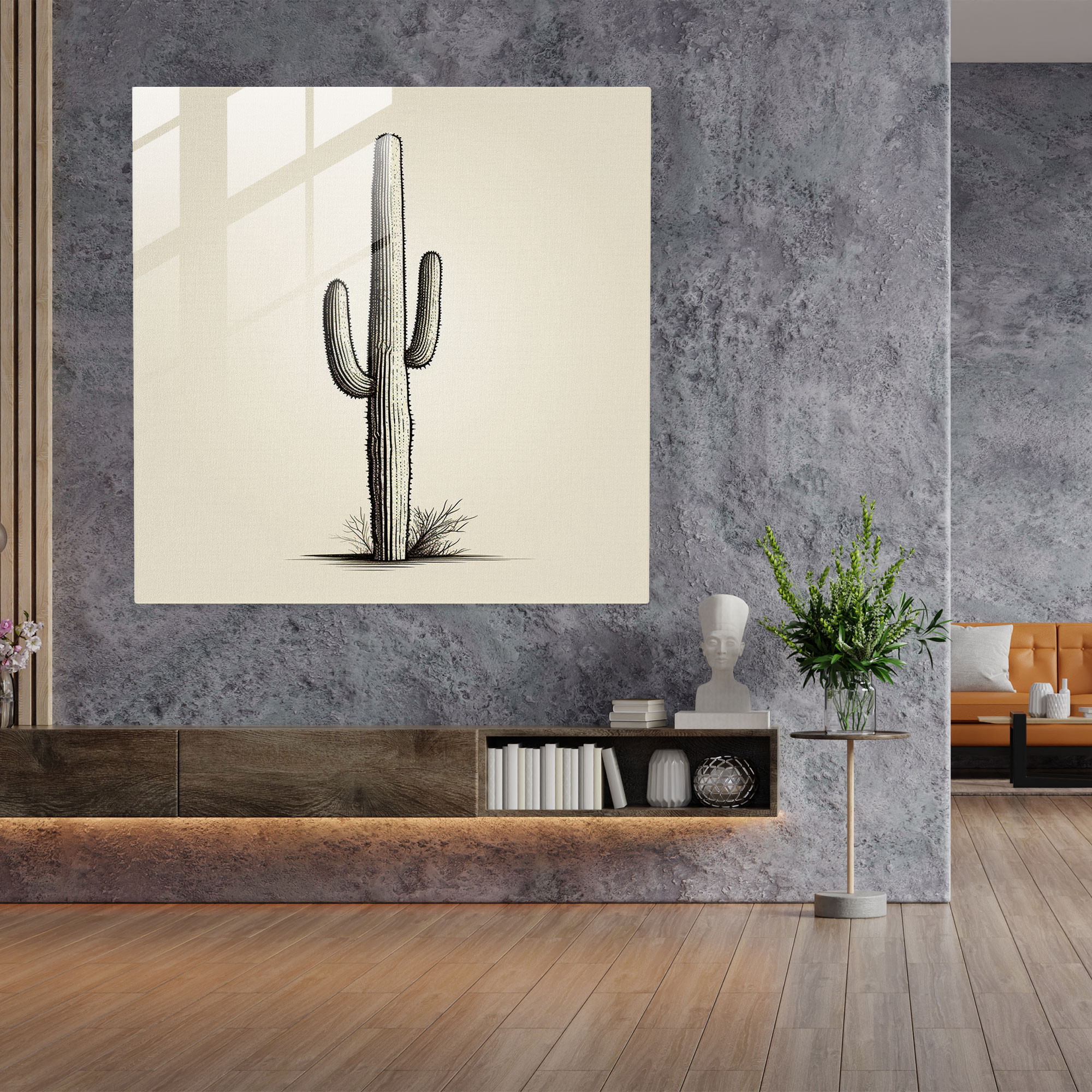 Desert Cactus Glass Print - Cactus, Modern Art, Wall Decoration, Line Drawing