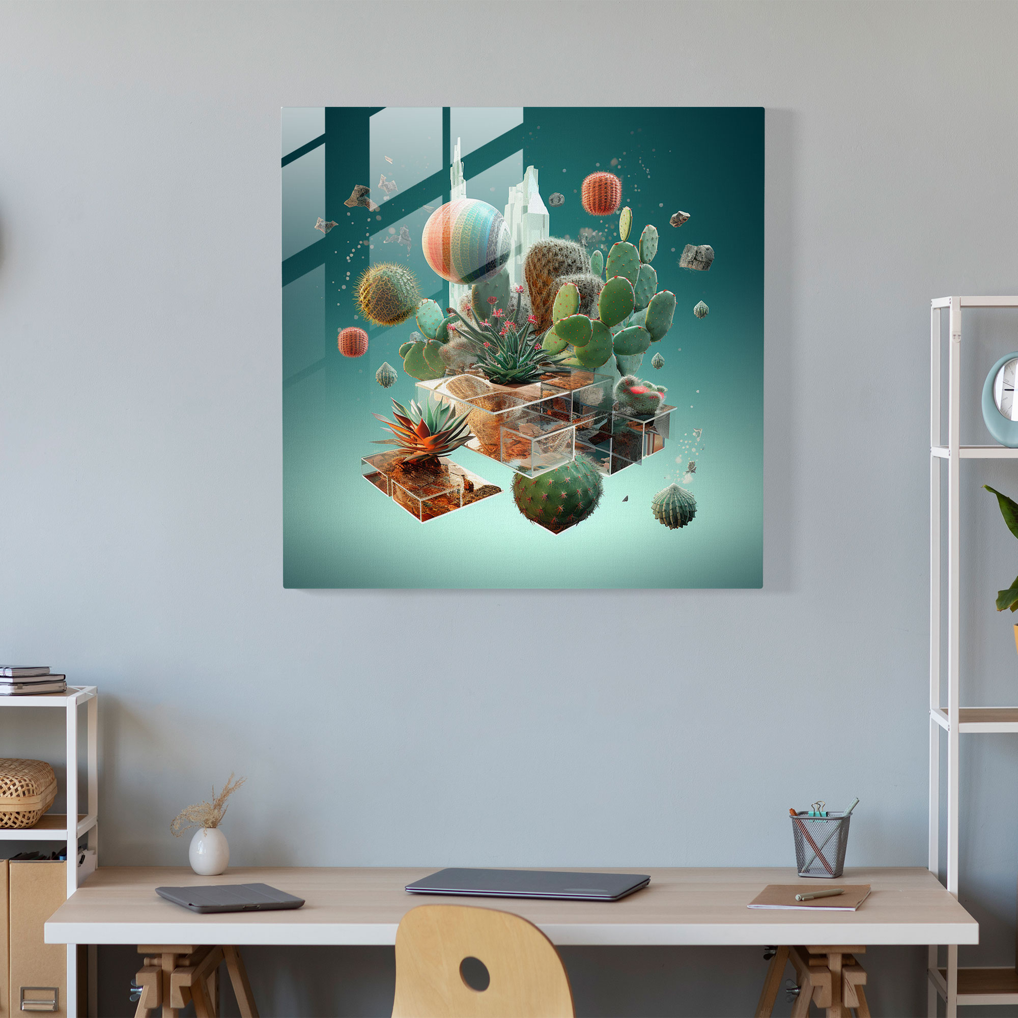 Floating Cactus Glass Print - Cactus, Cactus, Digital Artwork, Glass Wall Art