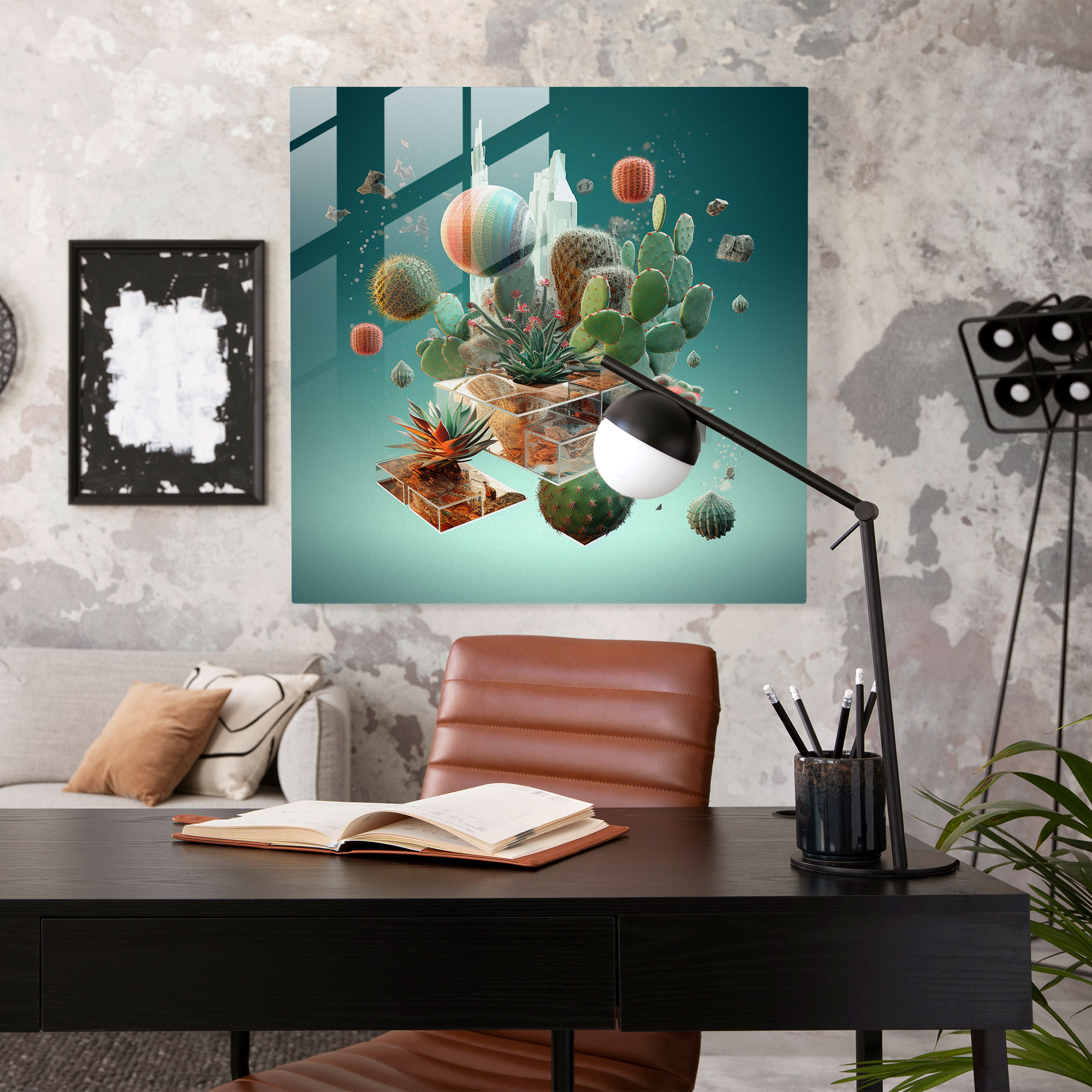 Floating Cactus Glass Print - Cactus, Cactus, Digital Artwork, Glass Wall Art