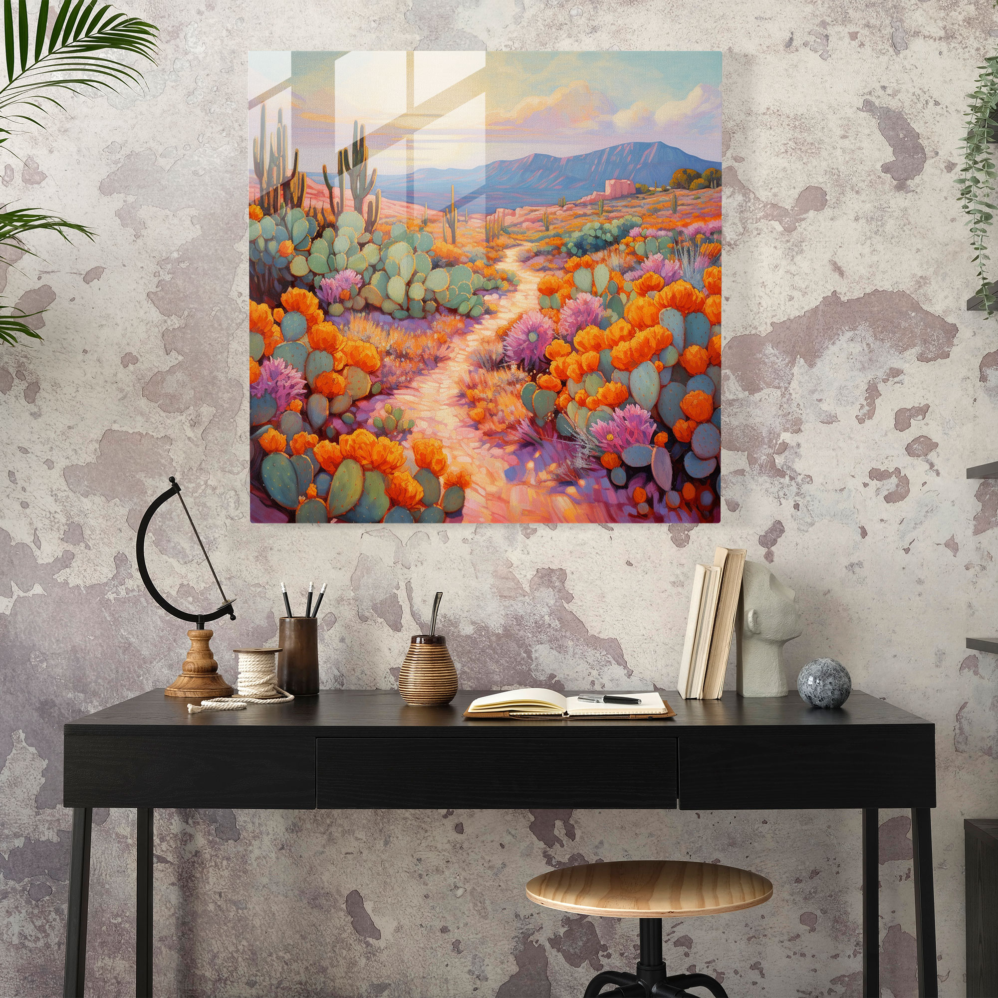 Blooming Cacti Glass Print - Cactus, Wall Decoration, Pastel-Colored, Impressionist Painting