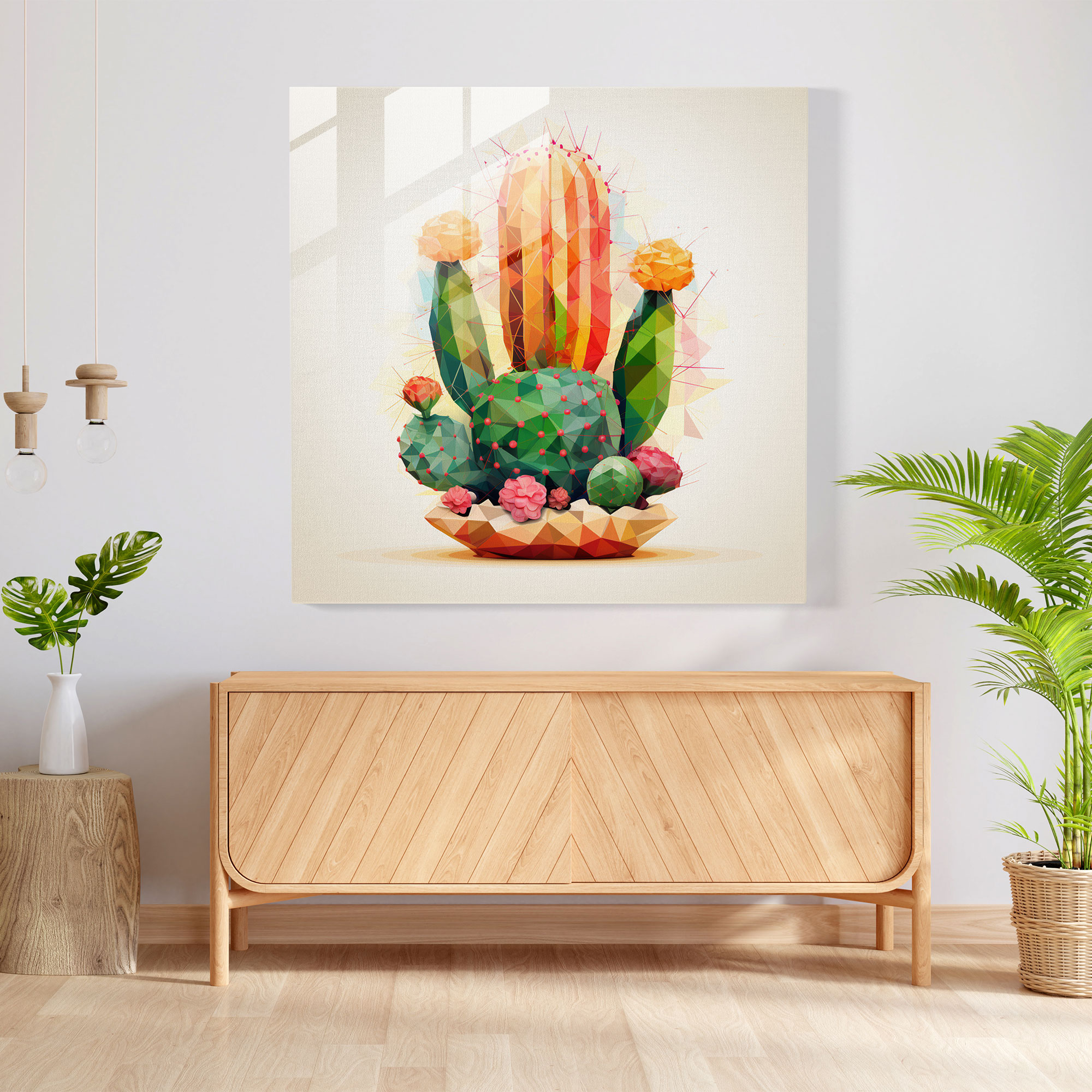 Geometric Cactus Glass Print - Cactus, Glass Art, Wall Decoration, Colorful Triangles