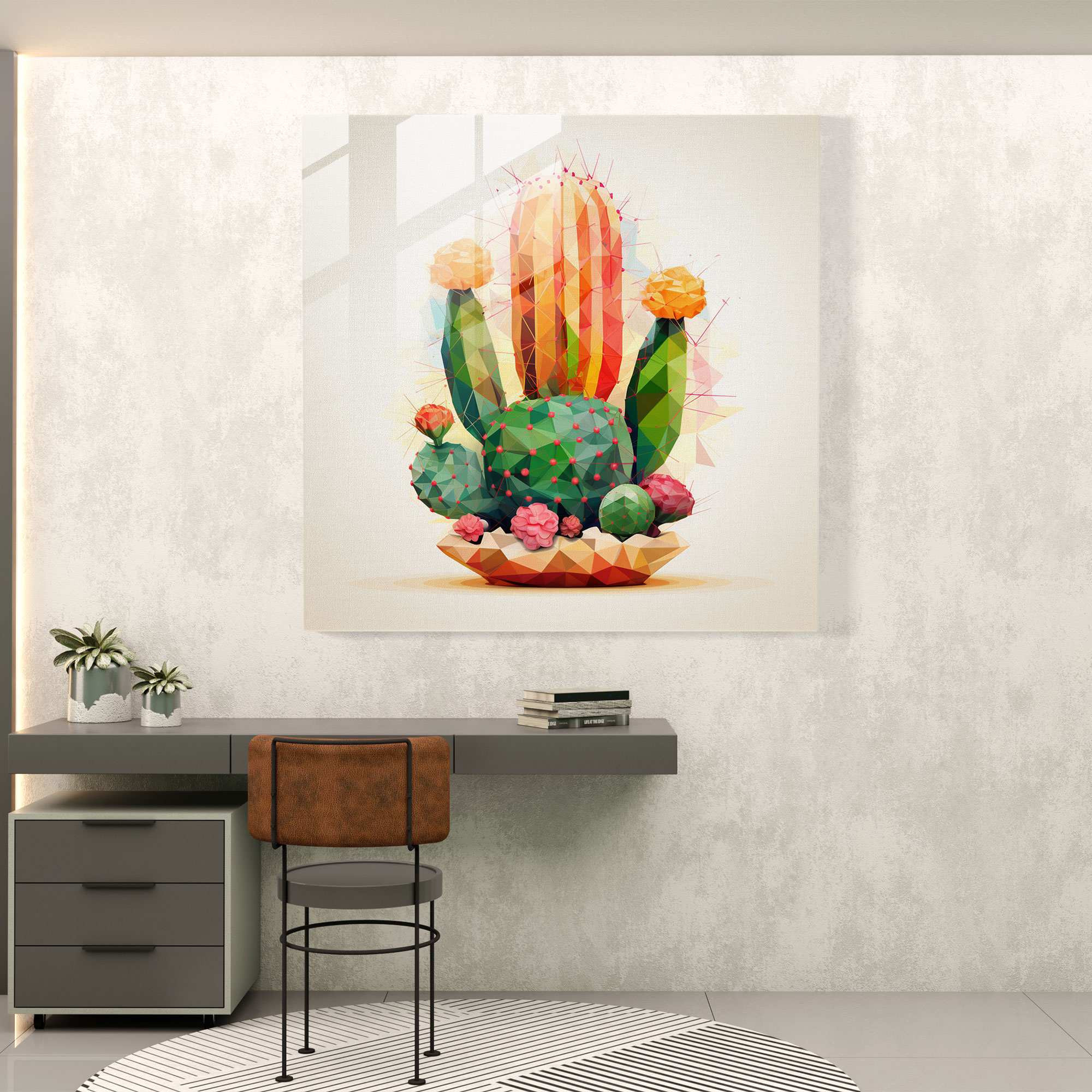 Geometric Cactus Glass Print - Cactus, Glass Art, Wall Decoration, Colorful Triangles