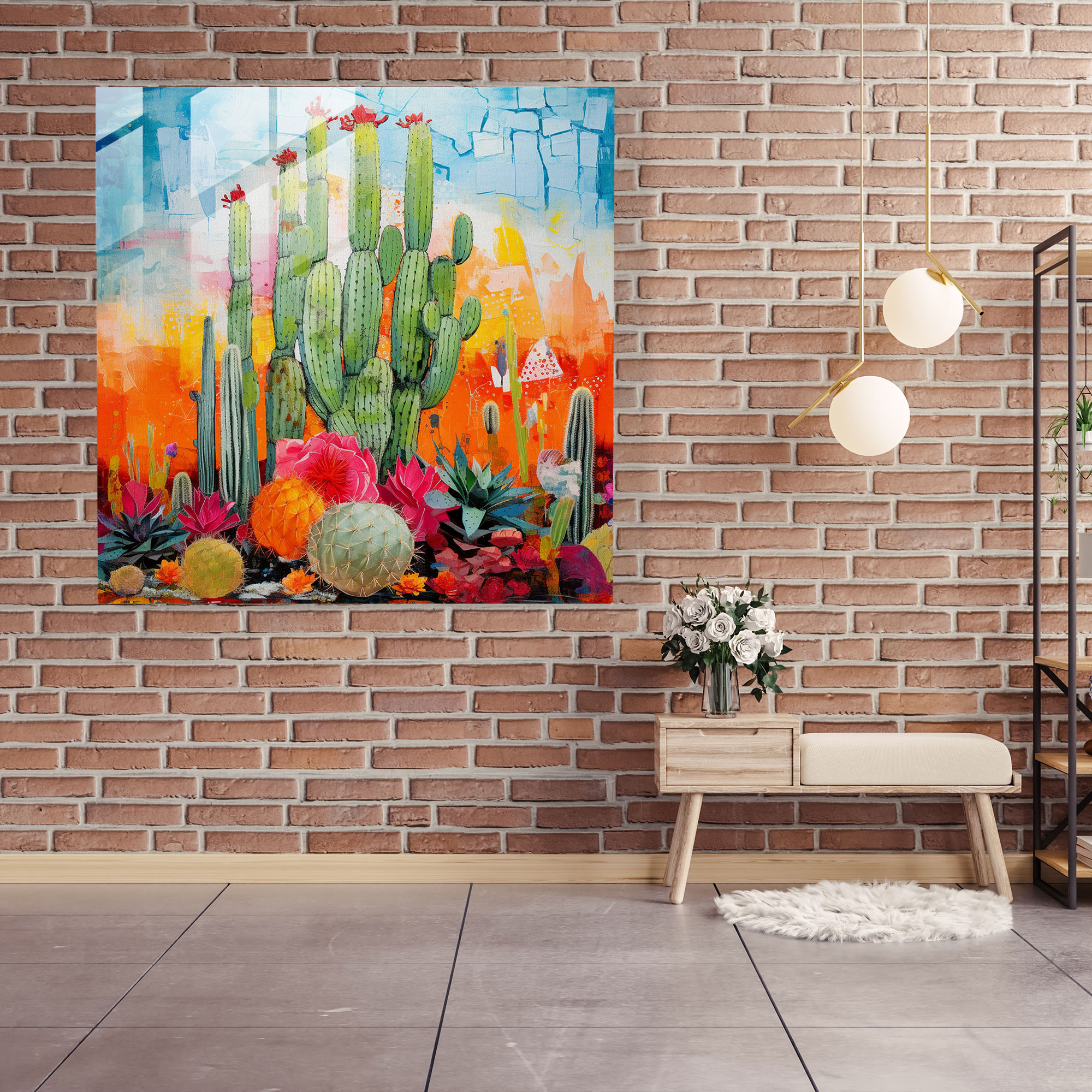 Vibrant Cactus Glass Print - Cactus, Modern Art, Glass Print, Mixed Media Artwork