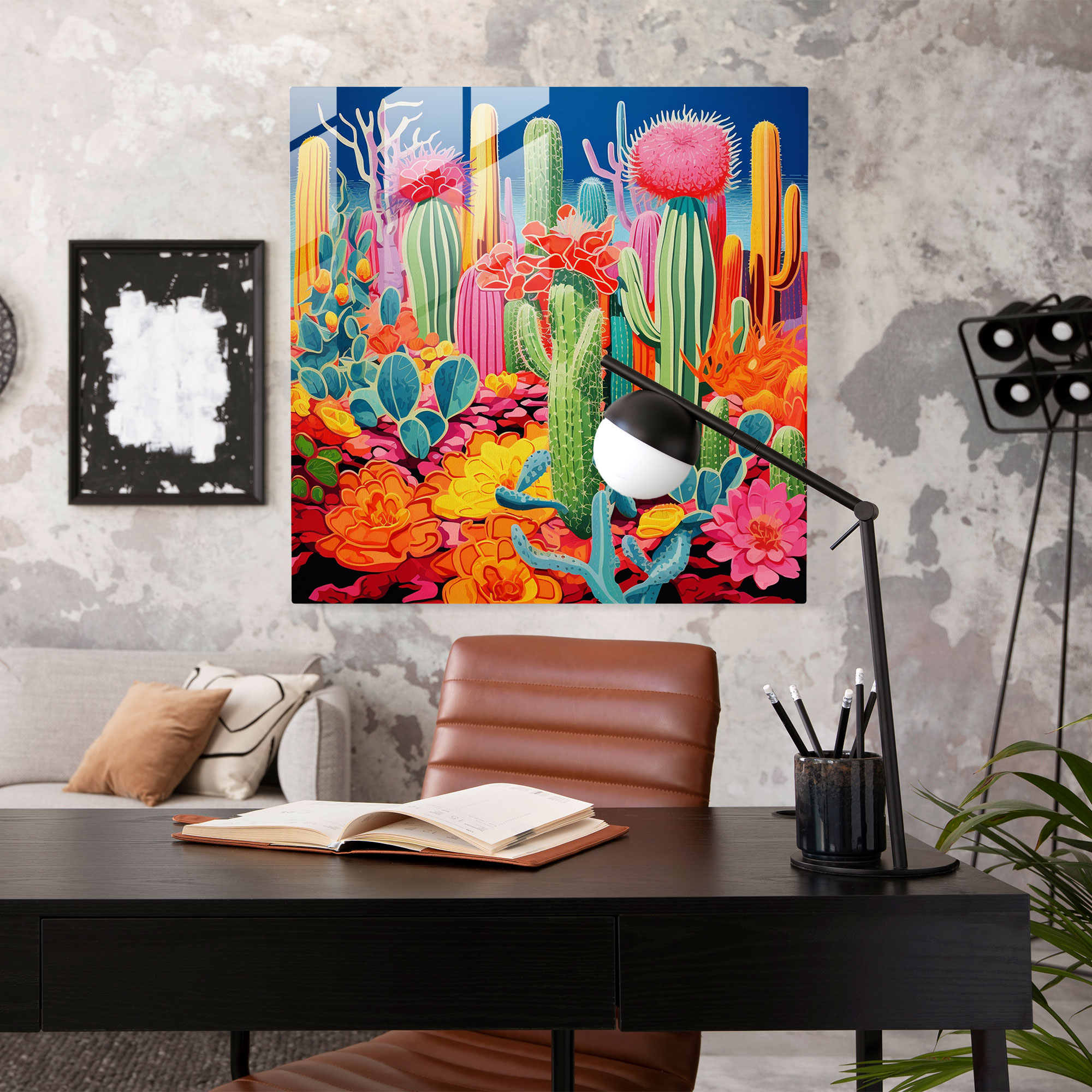 Pop Cactus Glass Print - Cactus, Pop Art Inspired, Colorful Cacti, Collage