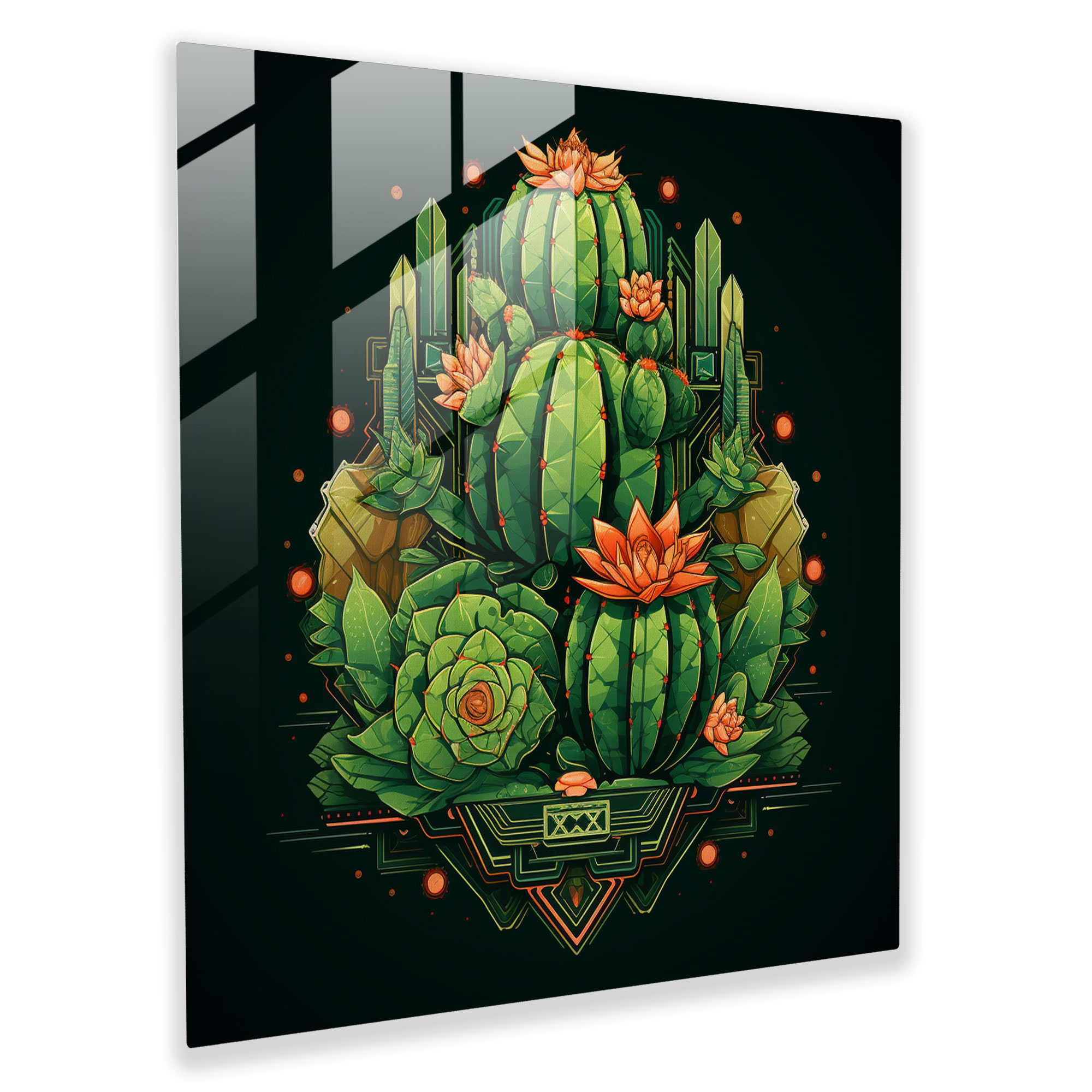 Geometric Cactus Glass Print - Cactus, Precision, Modern Art, Intricate Geometric Shapes