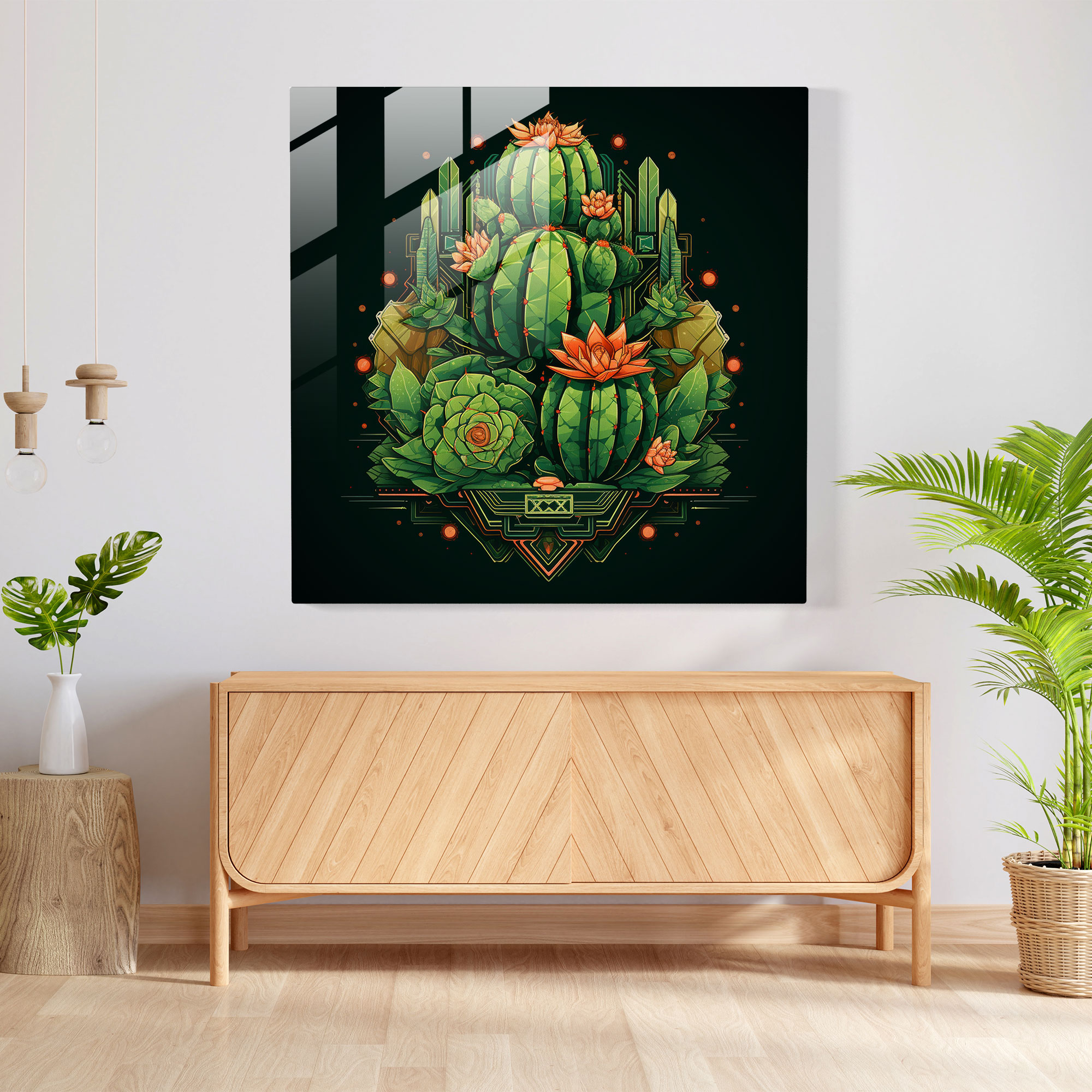 Geometric Cactus Glass Print - Cactus, Precision, Modern Art, Intricate Geometric Shapes