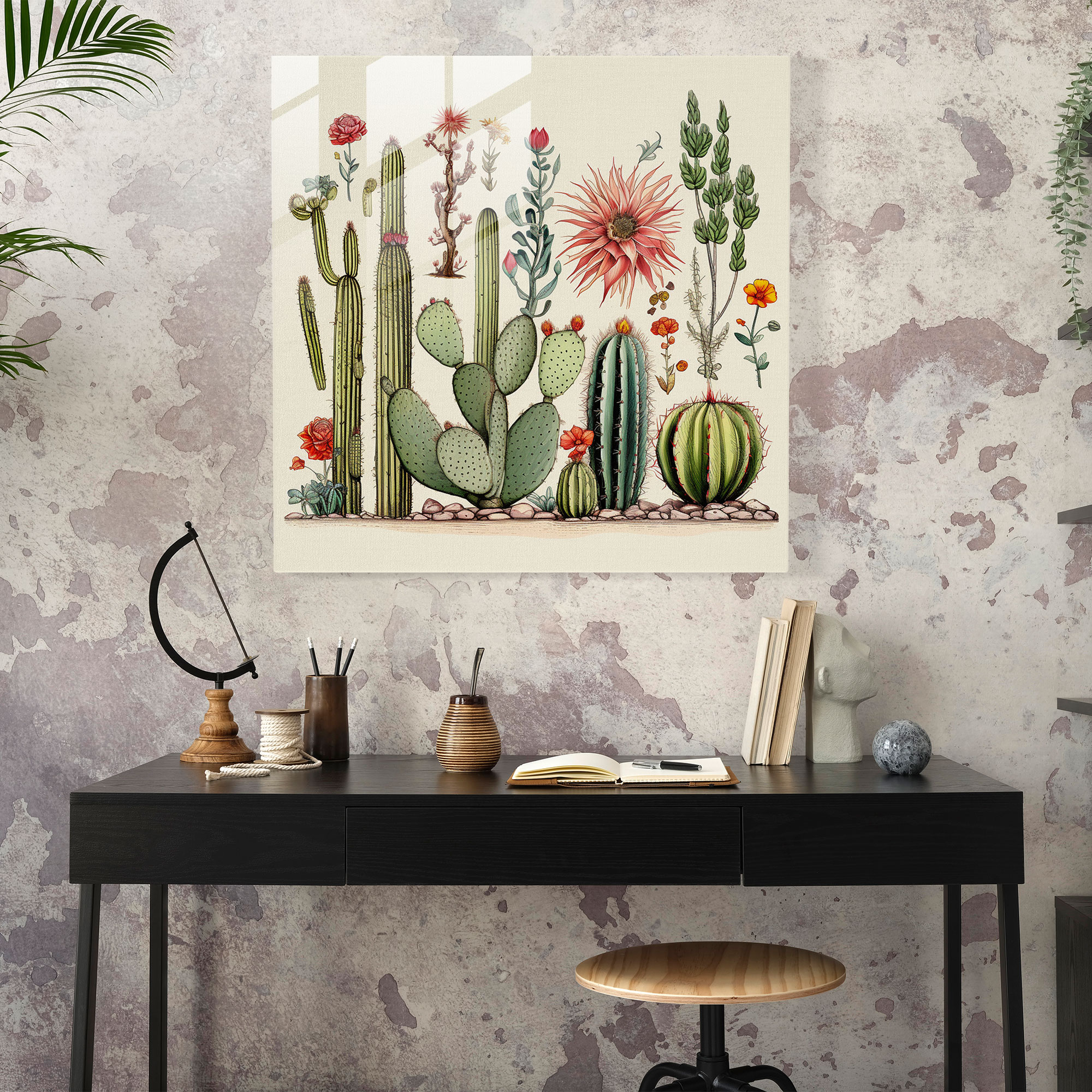 Botanical Cactus Glass Print - Cactus, Various Cactus Species, Detailed Drawing, Modern Art