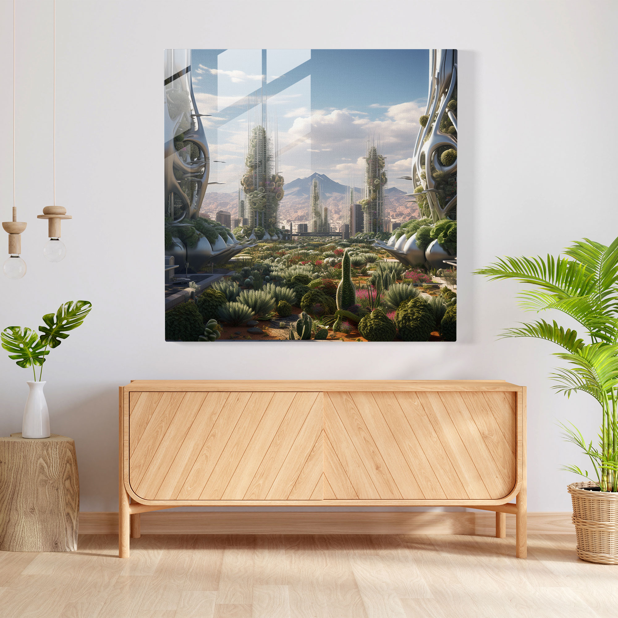 Futuristic Cactus Glass Print - Cactus, Glass Wall Art, Futuristic Digital Artwork, Technology