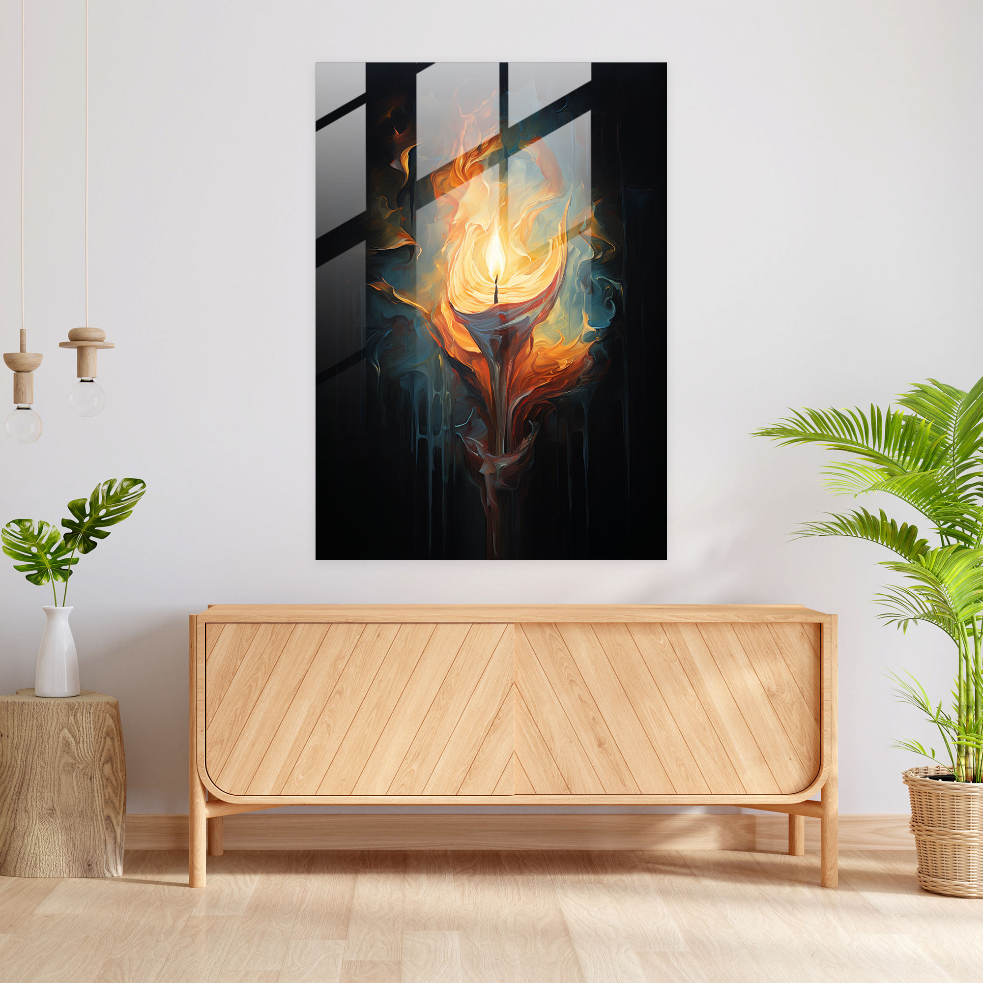 Glass Print - Vibrant Candle Flame - Candle, Wall Decoration, Abstract, Oil Painting