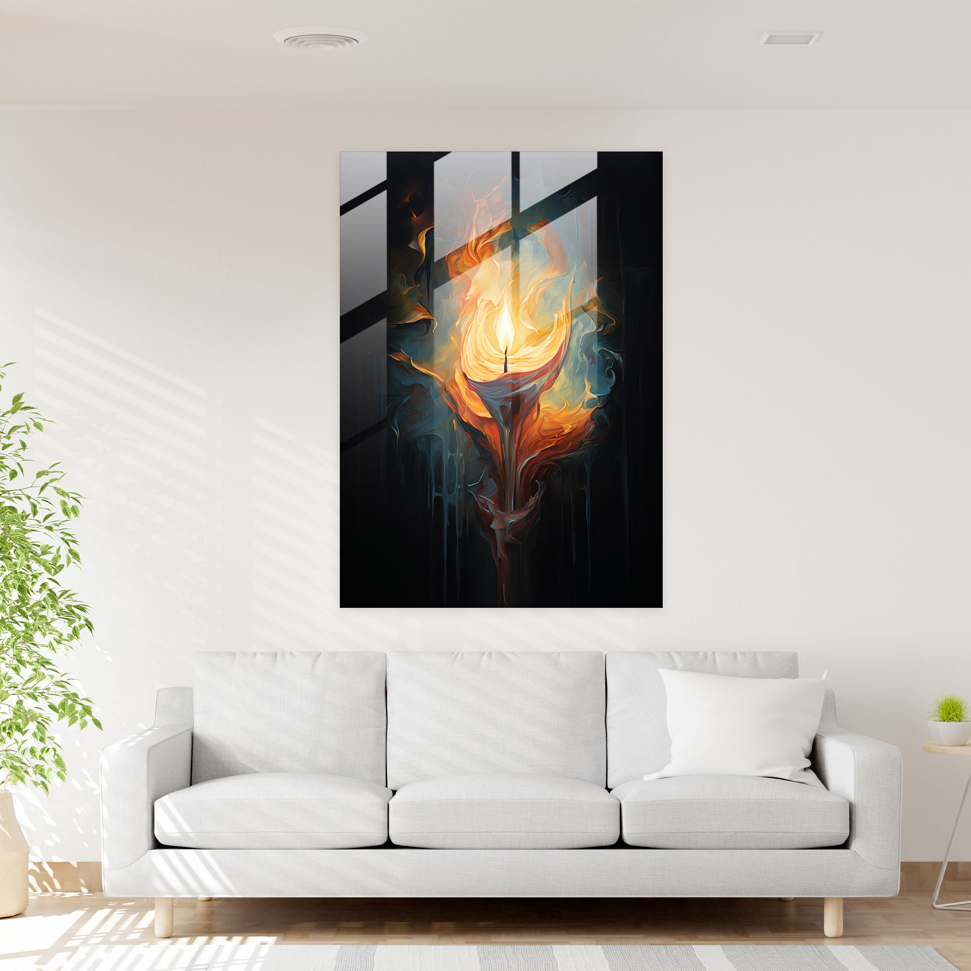 Glass Print - Vibrant Candle Flame - Candle, Wall Decoration, Abstract, Oil Painting