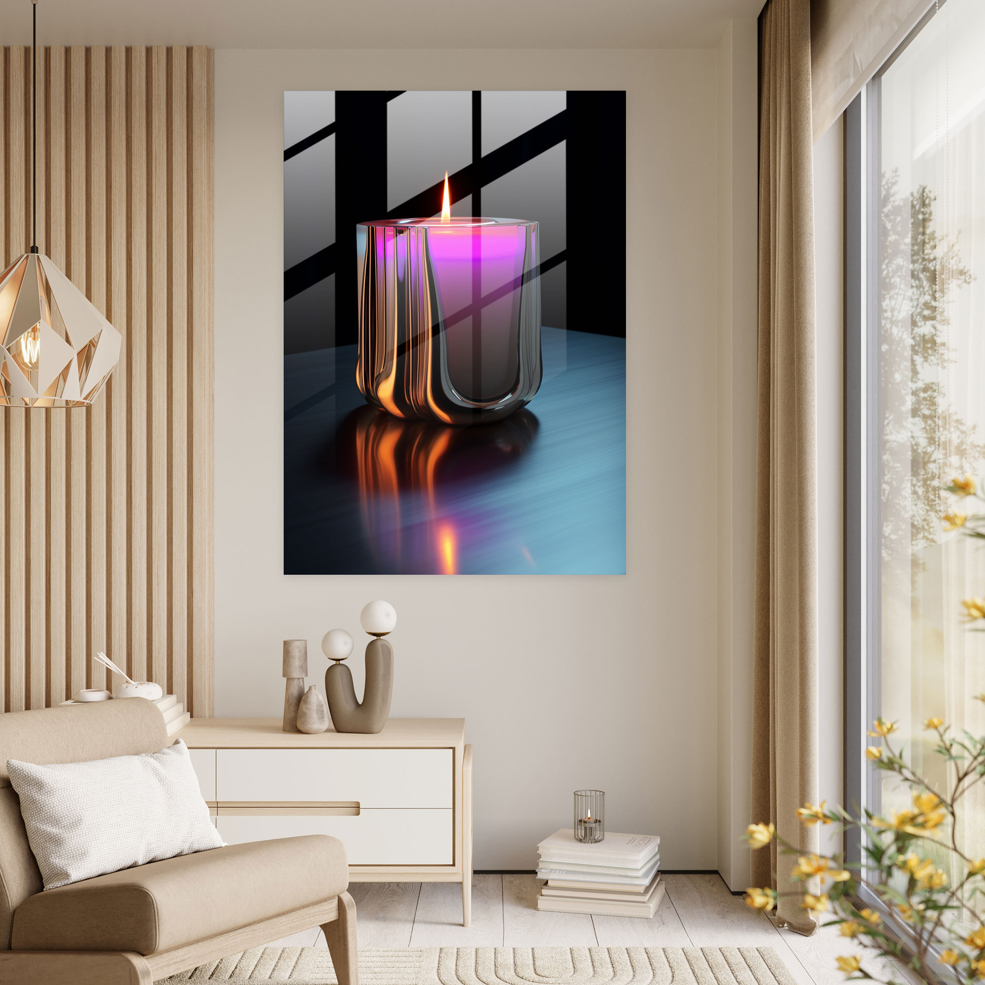 Glass Print - Futuristic Neon Candle - Candle, Wall Decoration, Glass Print, Glass Wall Art