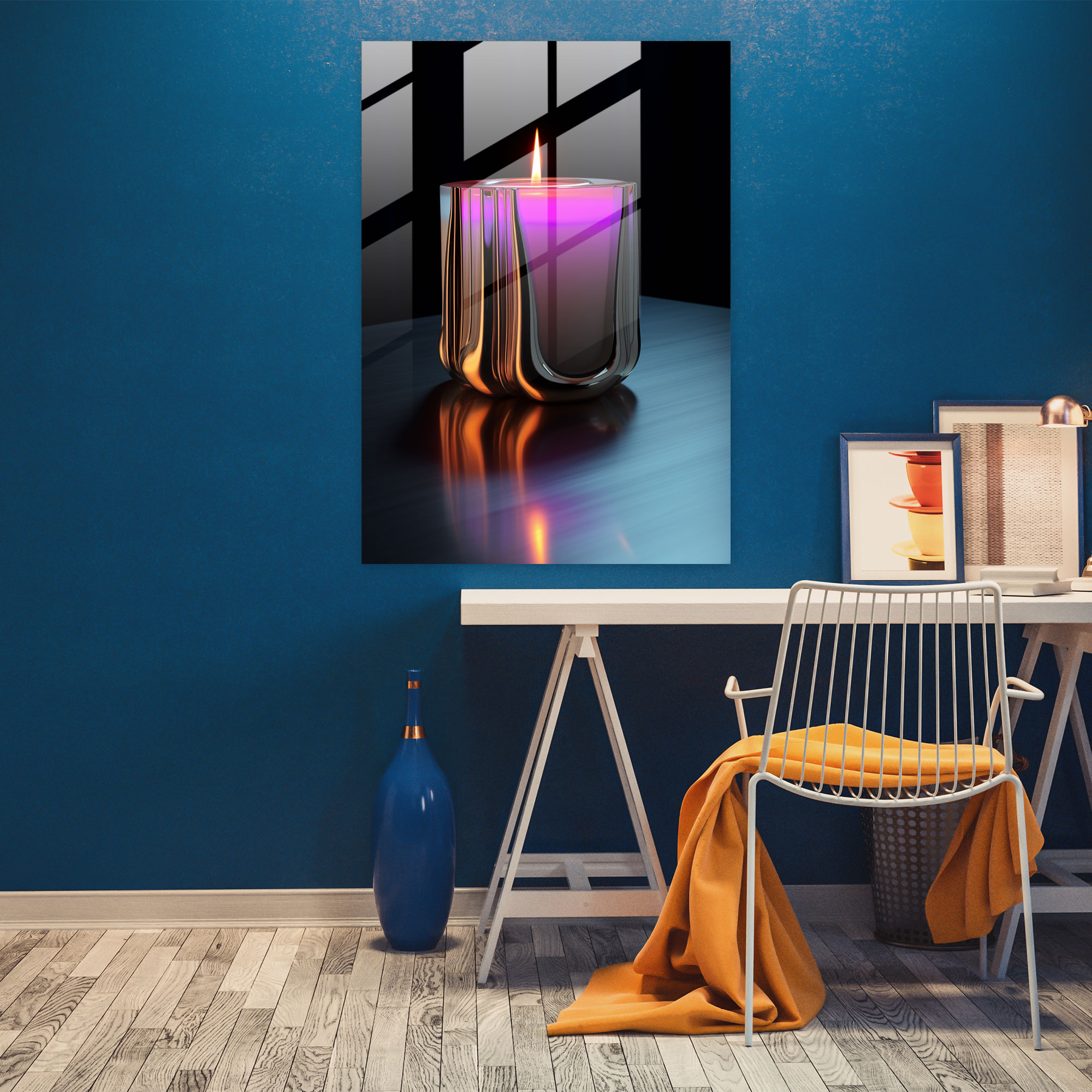 Glass Print - Futuristic Neon Candle - Candle, Wall Decoration, Glass Print, Glass Wall Art