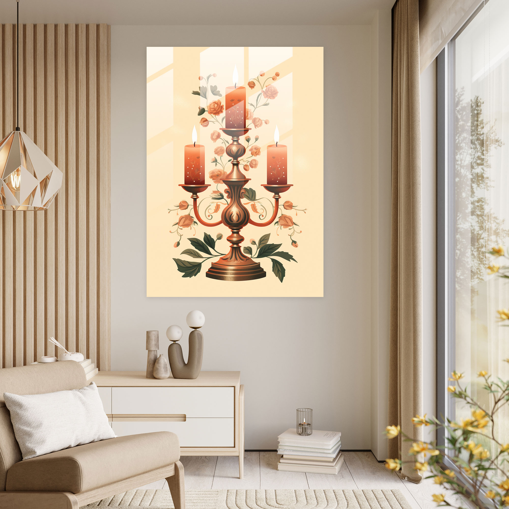 Retro Candle Glass Print - Candle, Warm Tones, Elegant Details, Retro-Style Illustration