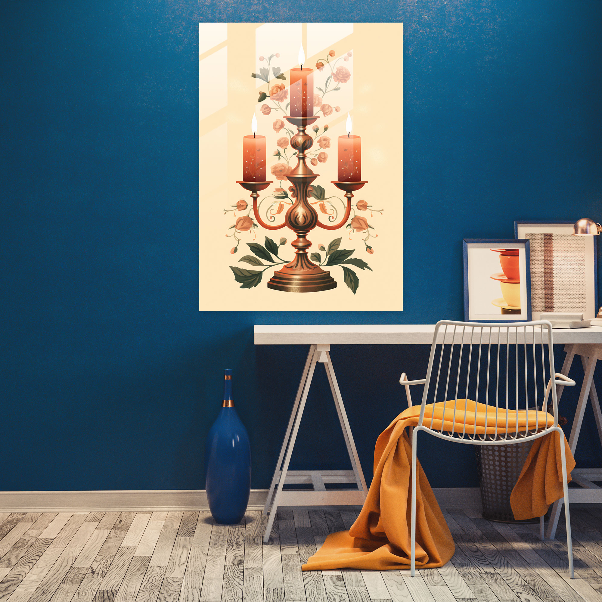 Retro Candle Glass Print - Candle, Warm Tones, Elegant Details, Retro-Style Illustration