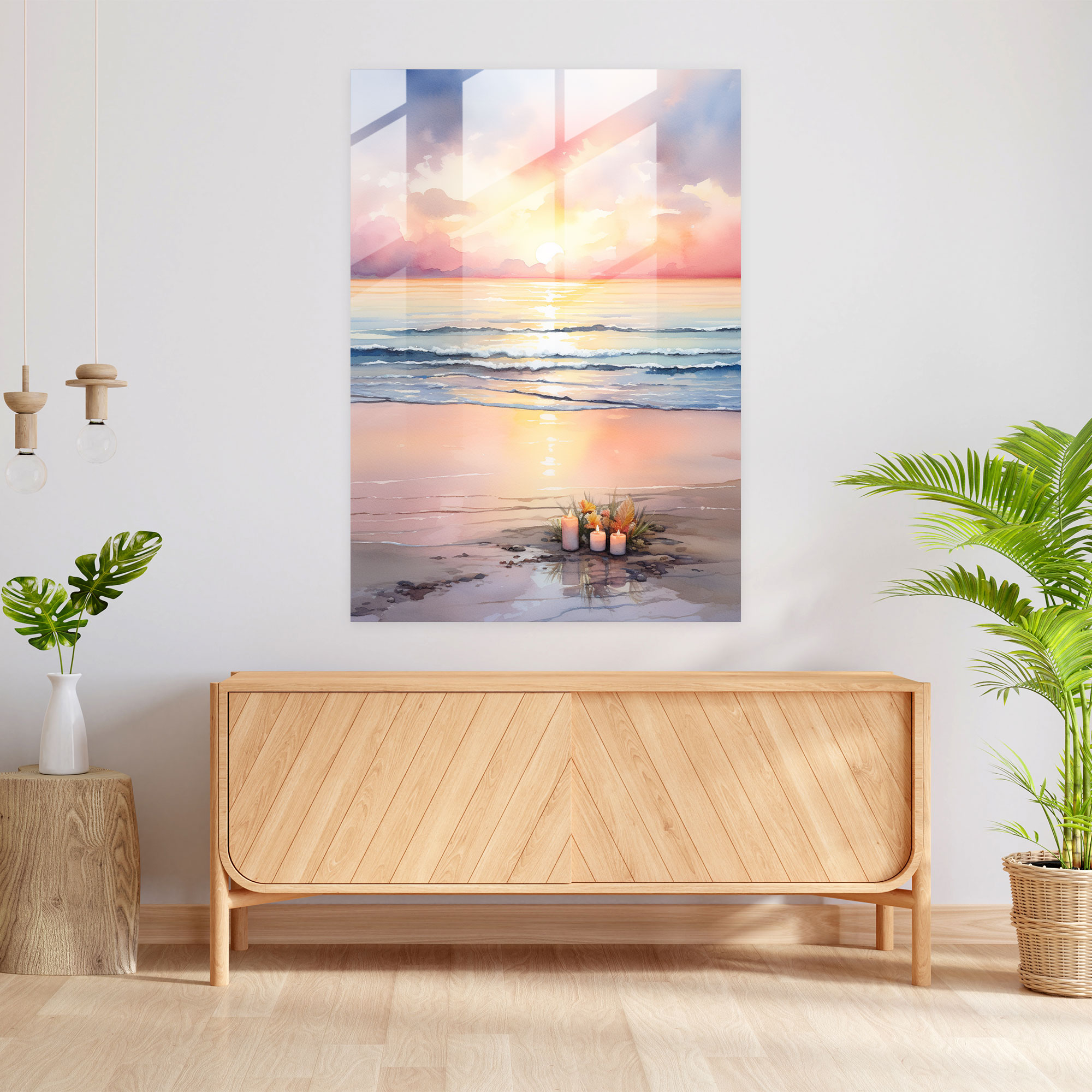 Sunset Beach Glass Print - Candle, Wall Decoration, Watercolor Painting, Glass Art