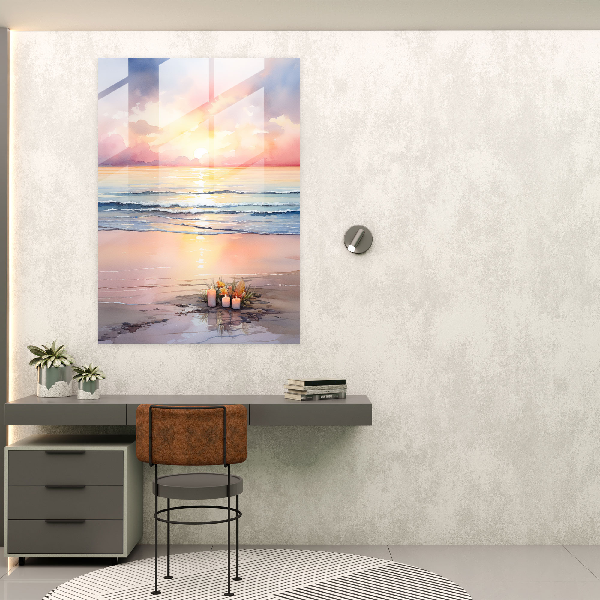 Sunset Beach Glass Print - Candle, Wall Decoration, Watercolor Painting, Glass Art