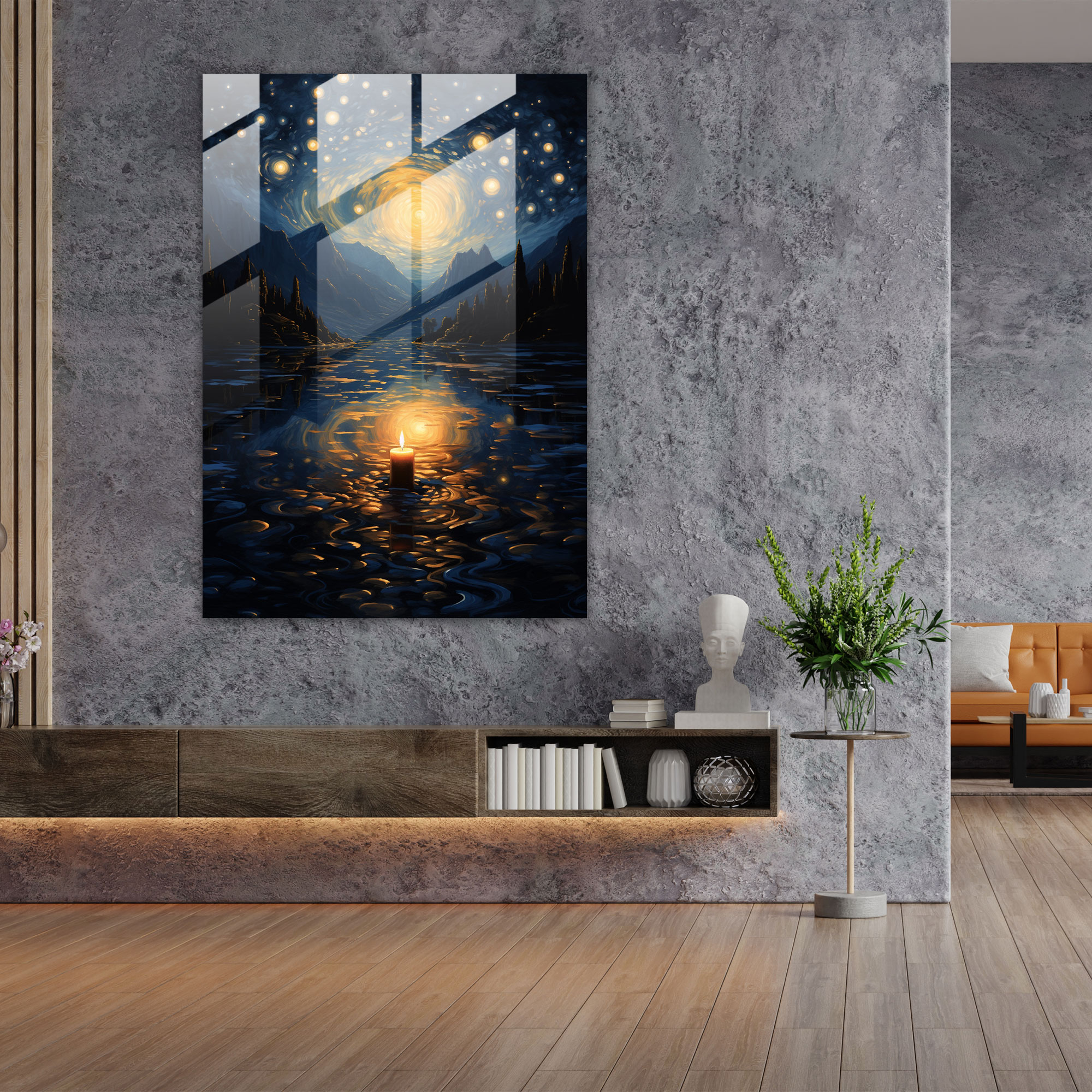 Starry Night Candle Glass Print - Candle, Modern Art, Seamlessly Blends, Glass Wall Art