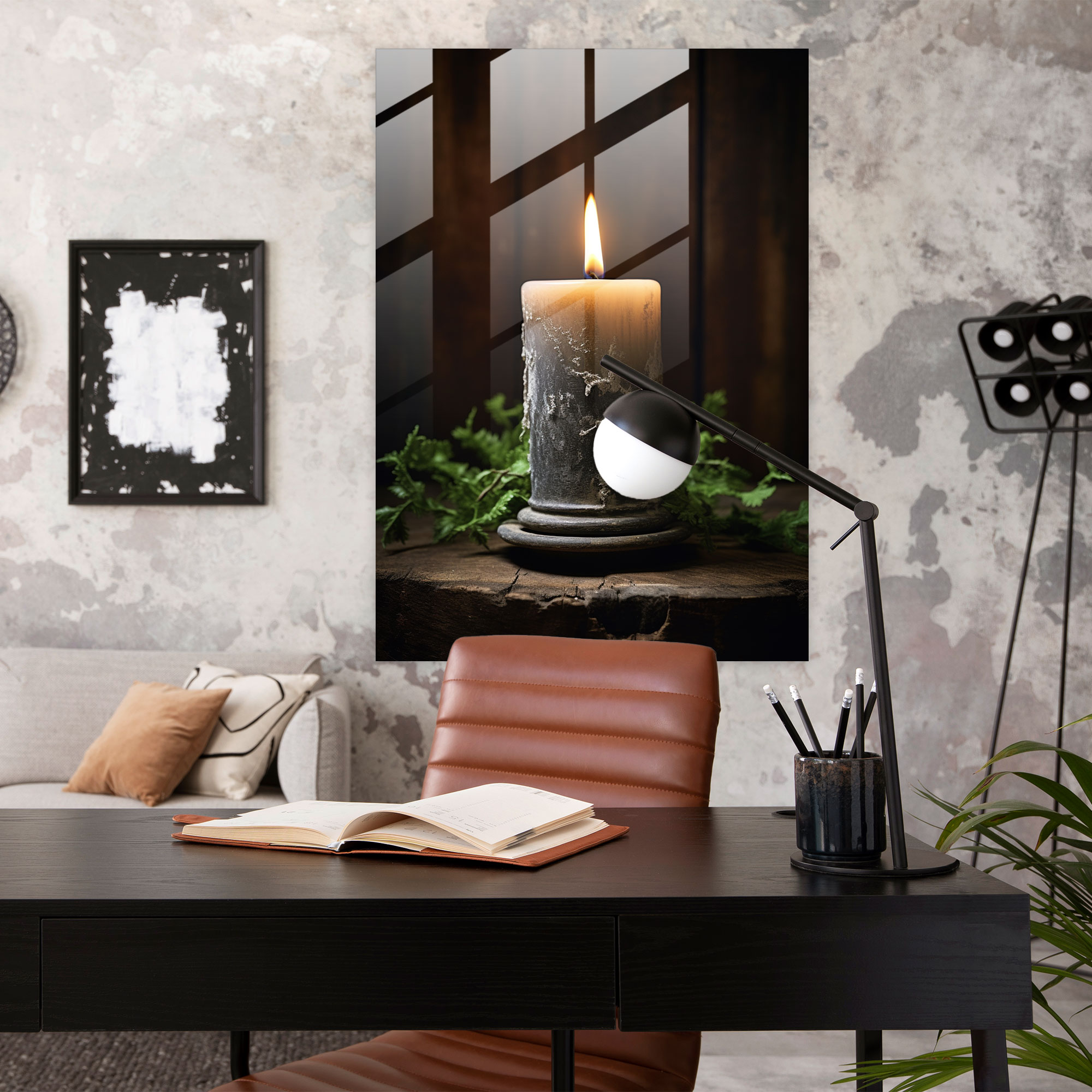 Glass Print Cozy Candle Flame - Candle, Realistic Photograph, Glass Wall Art, Cozy Atmosphere