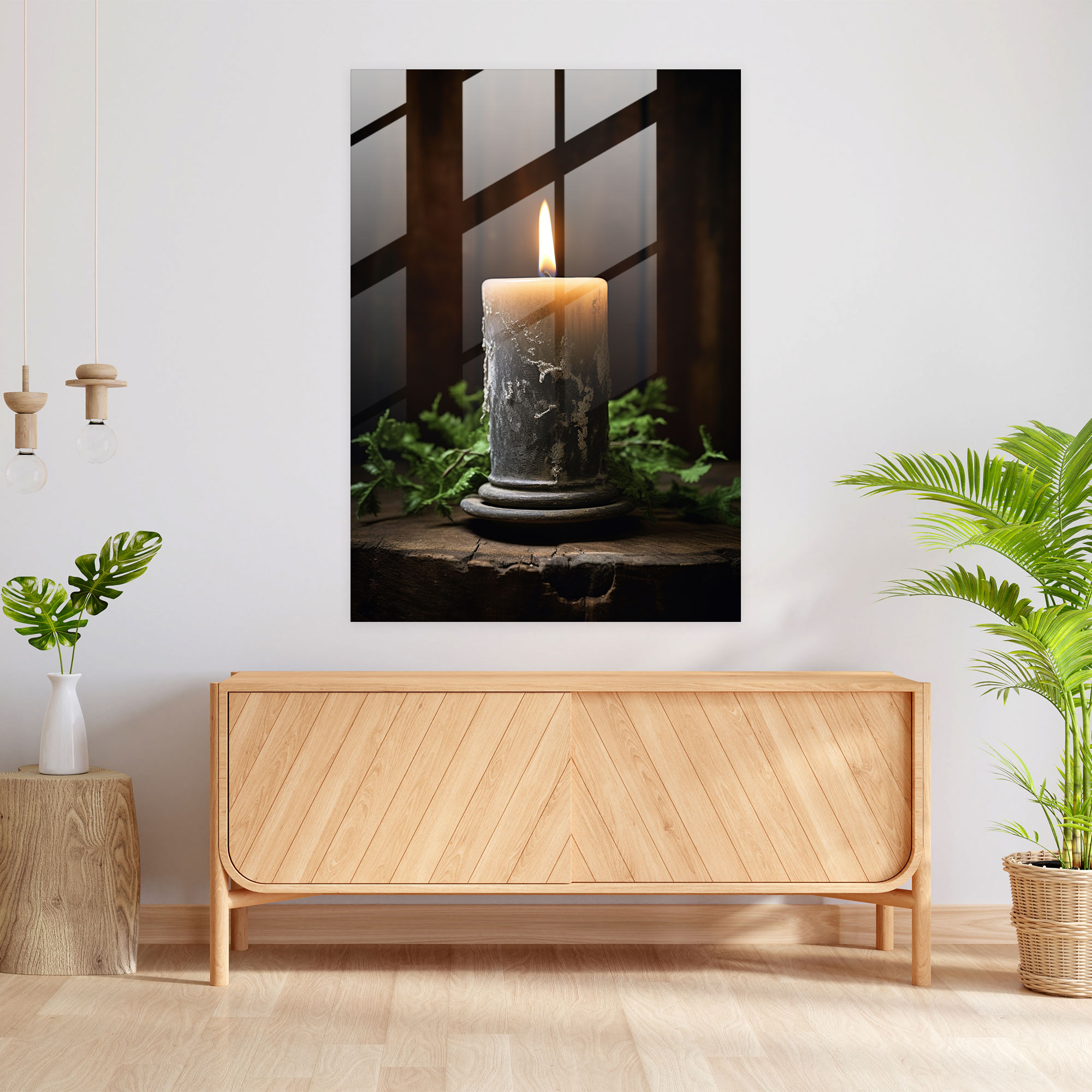 Glass Print Cozy Candle Flame - Candle, Realistic Photograph, Glass Wall Art, Cozy Atmosphere