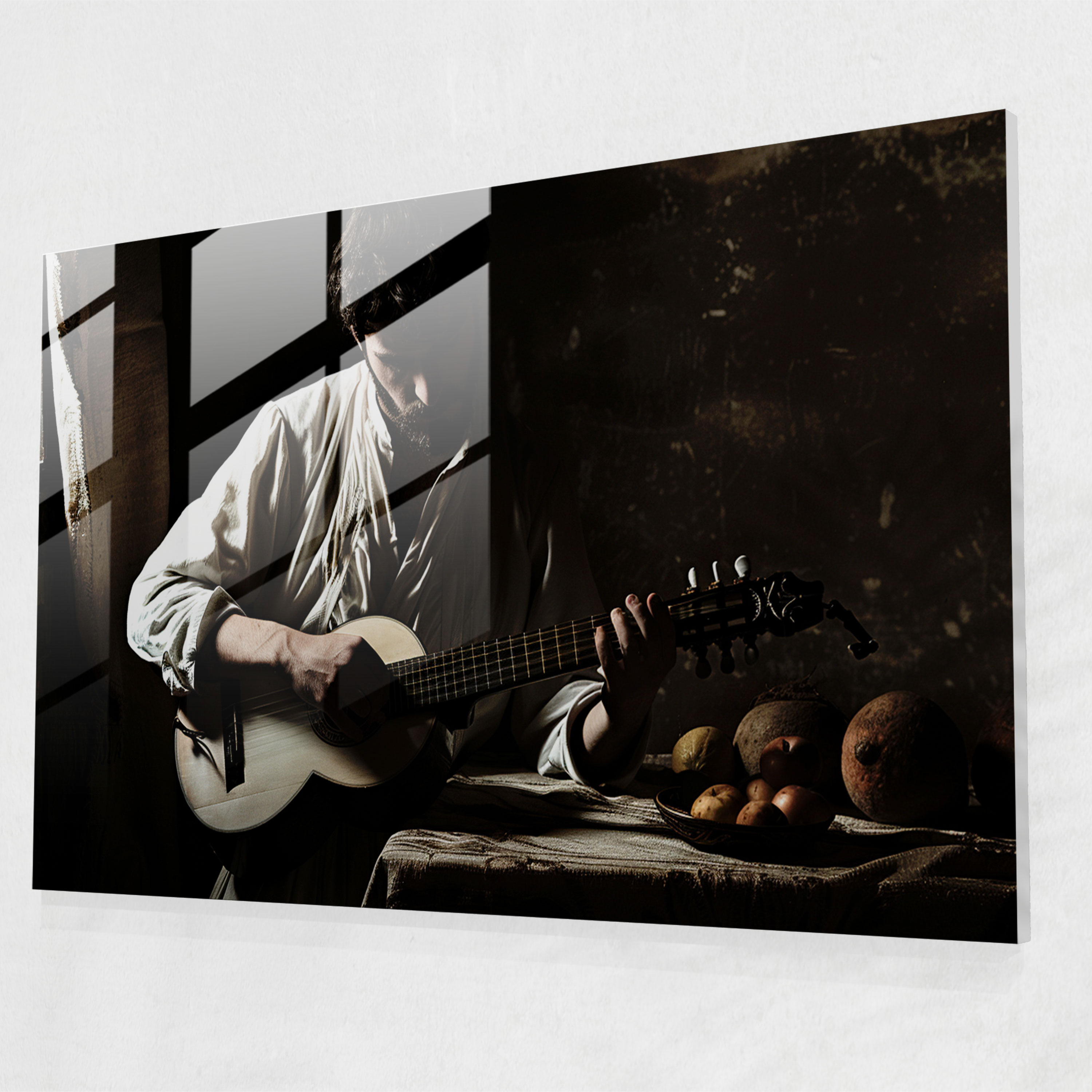 Caravaggio Tarzı Cam Tablo - Müzik Aleti Çalan Adam - Ev Dekorasyonu Modern Sanat