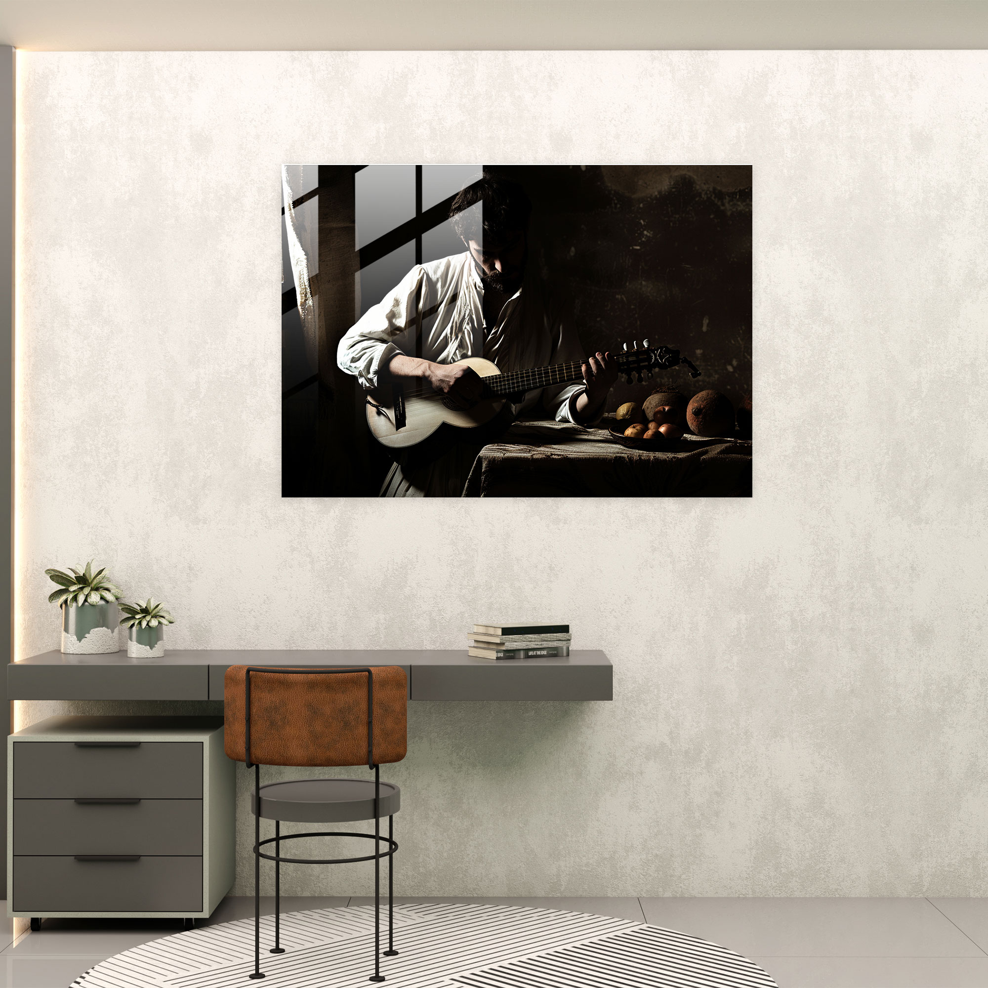 Caravaggio Tarzı Cam Tablo - Müzik Aleti Çalan Adam - Ev Dekorasyonu Modern Sanat
