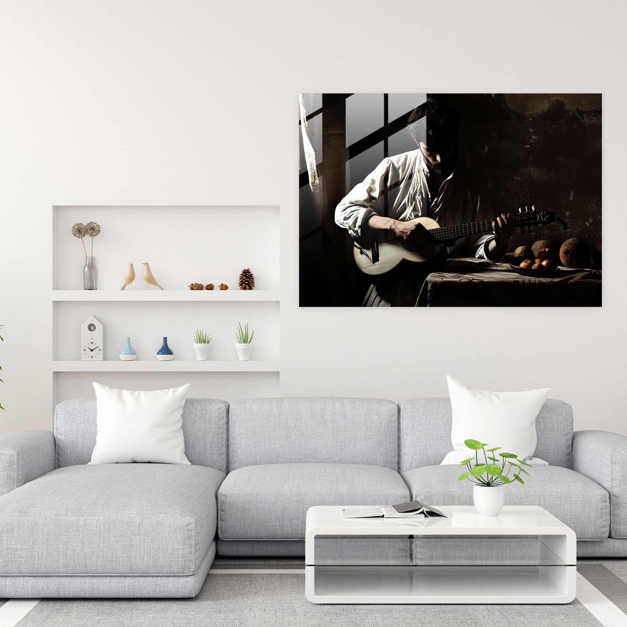 Caravaggio Tarzı Cam Tablo - Müzik Aleti Çalan Adam - Ev Dekorasyonu Modern Sanat