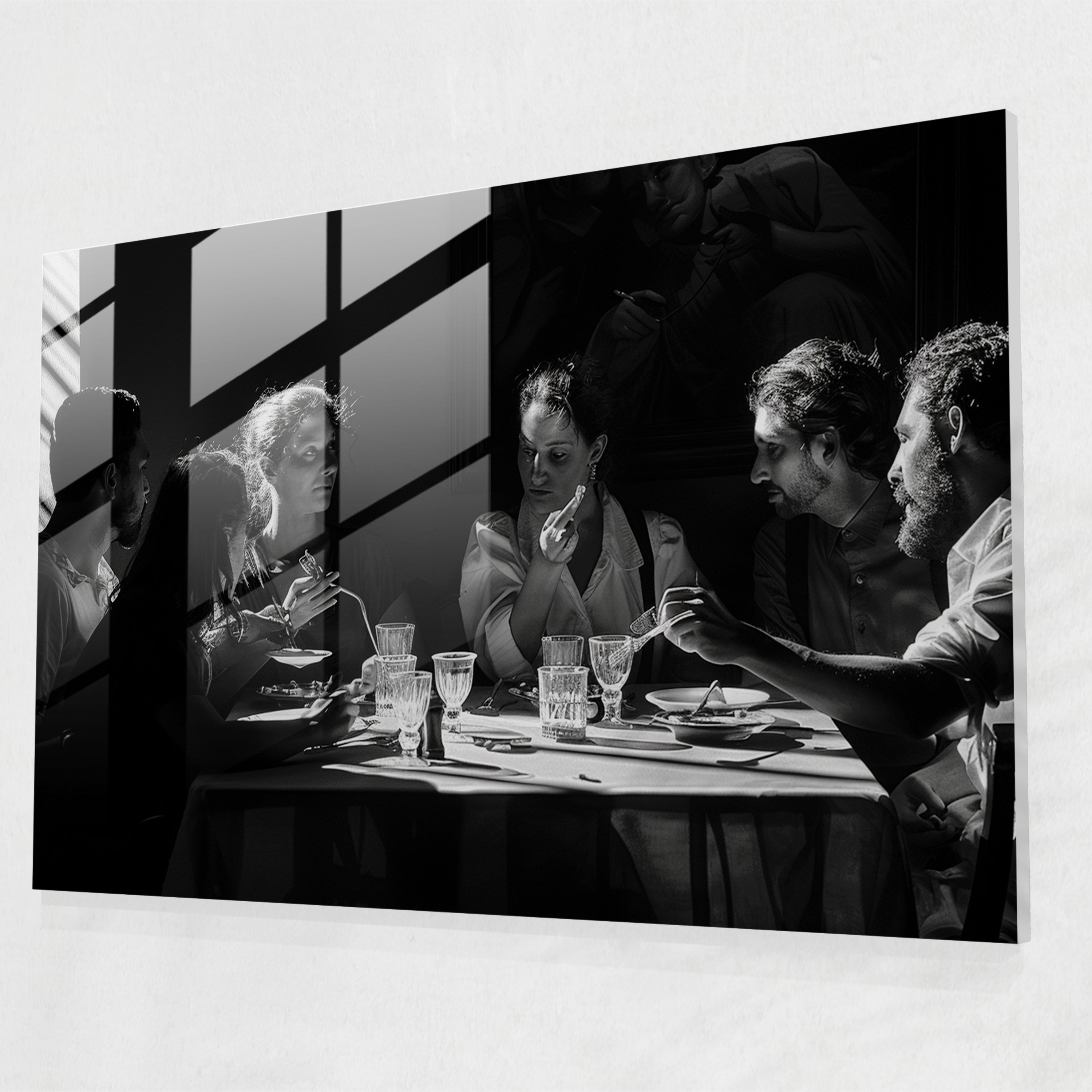Caravaggio Tarzı Cam Duvar Sanatı - Yemek Masasında Toplanmış İnsan Grubu - Cam Sanatı Cam Duvar Sanatı Duvar Süsü