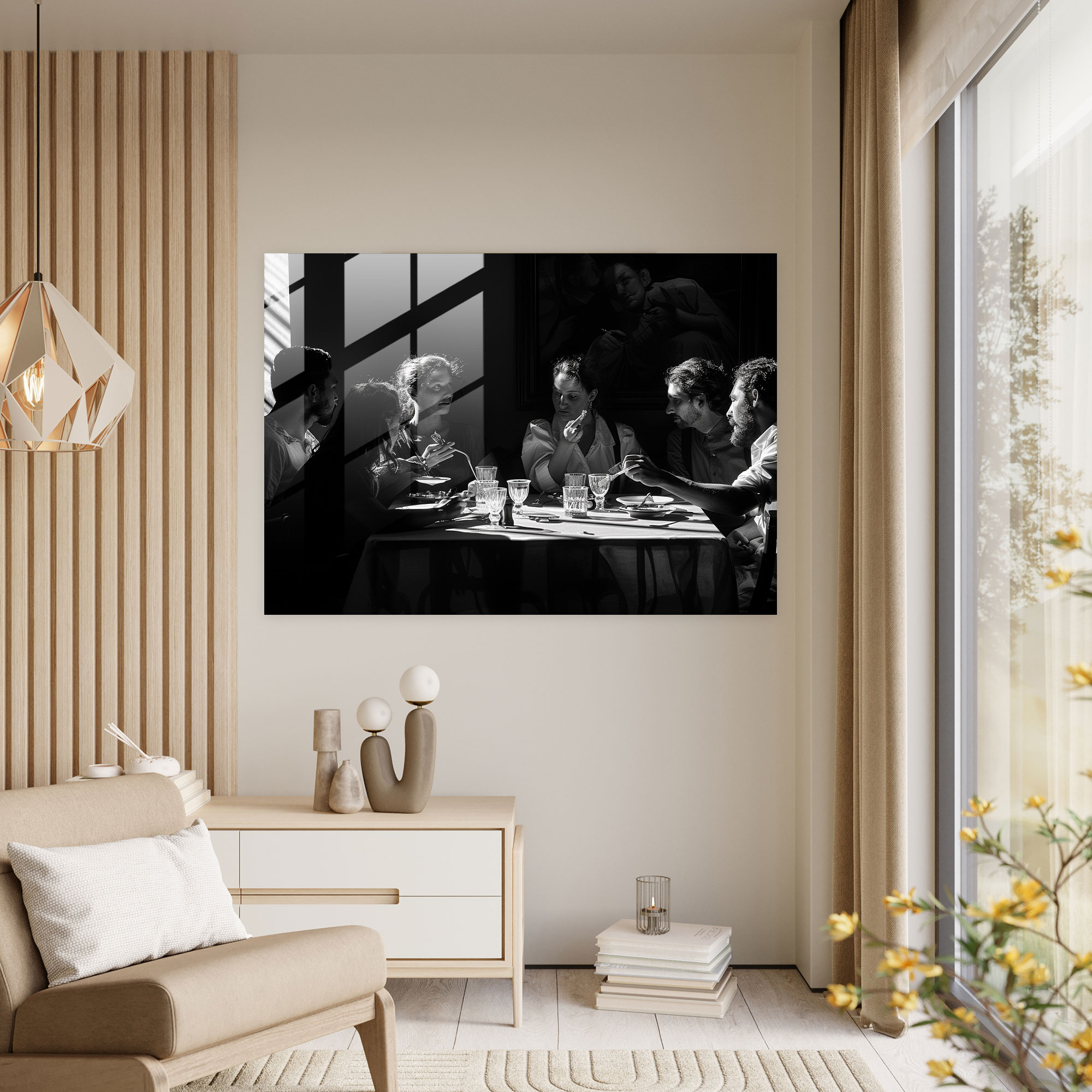 Caravaggio Tarzı Cam Duvar Sanatı - Yemek Masasında Toplanmış İnsan Grubu - Cam Sanatı Cam Duvar Sanatı Duvar Süsü