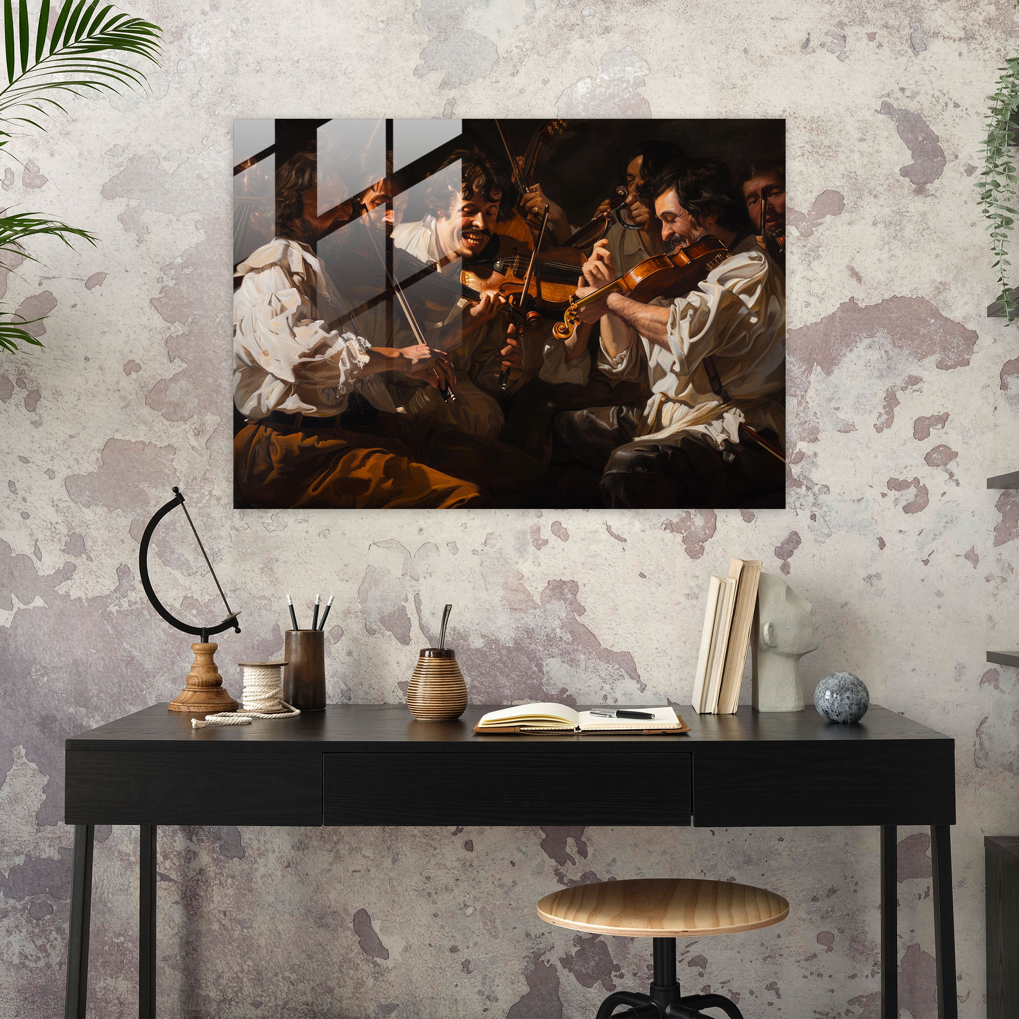 Canlı Sahneli Müzisyen Grubu - Caravaggio Tarzı Cam Tablo - Chiaroscuro Tekniği Müzik Temalı