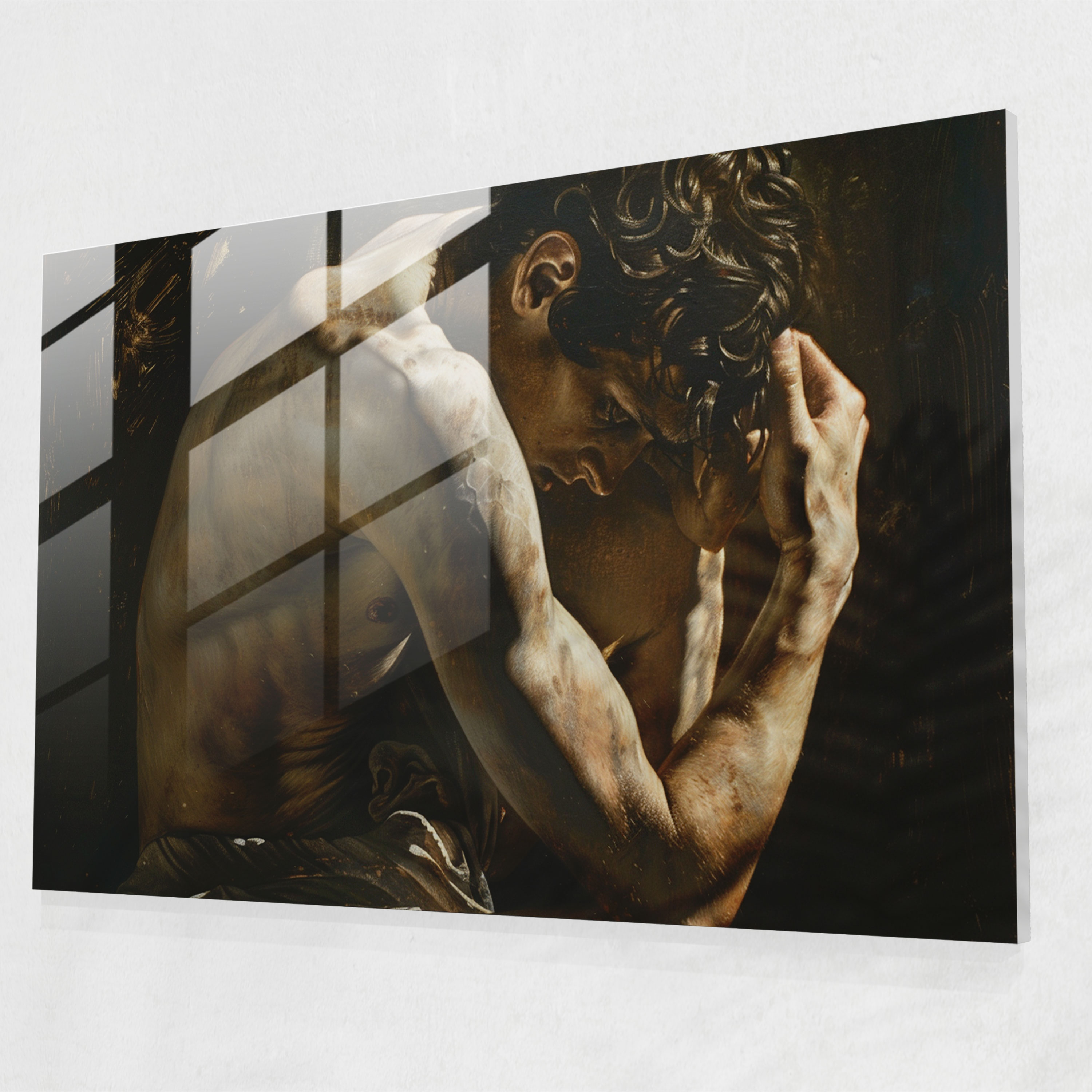 Caravaggio Tarzı Cam Duvar Sanatı - Derin Düşünceli Figür - Çarpıcı Kompozisyon Düşünce Halinde
