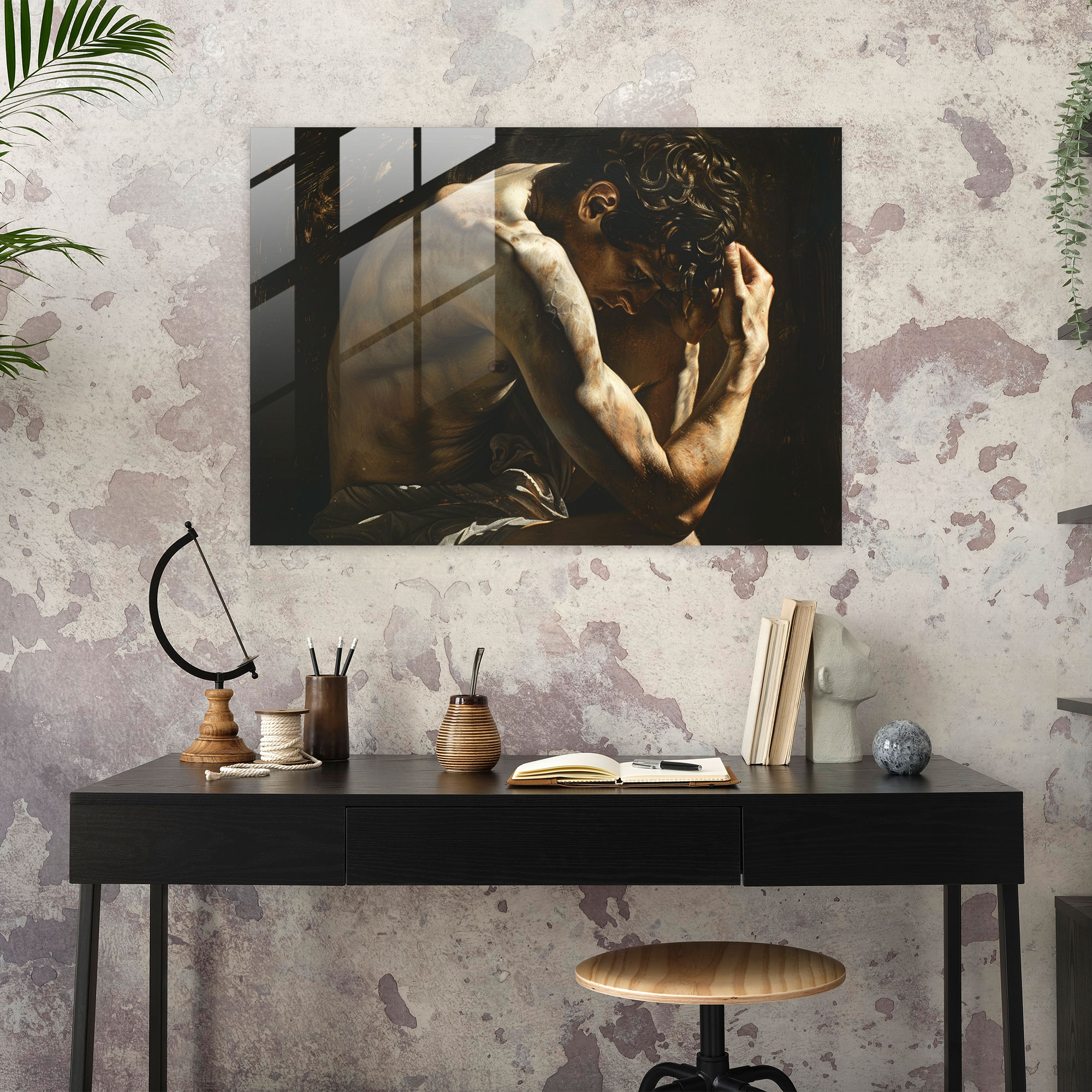 Caravaggio Tarzı Cam Duvar Sanatı - Derin Düşünceli Figür - Çarpıcı Kompozisyon Düşünce Halinde