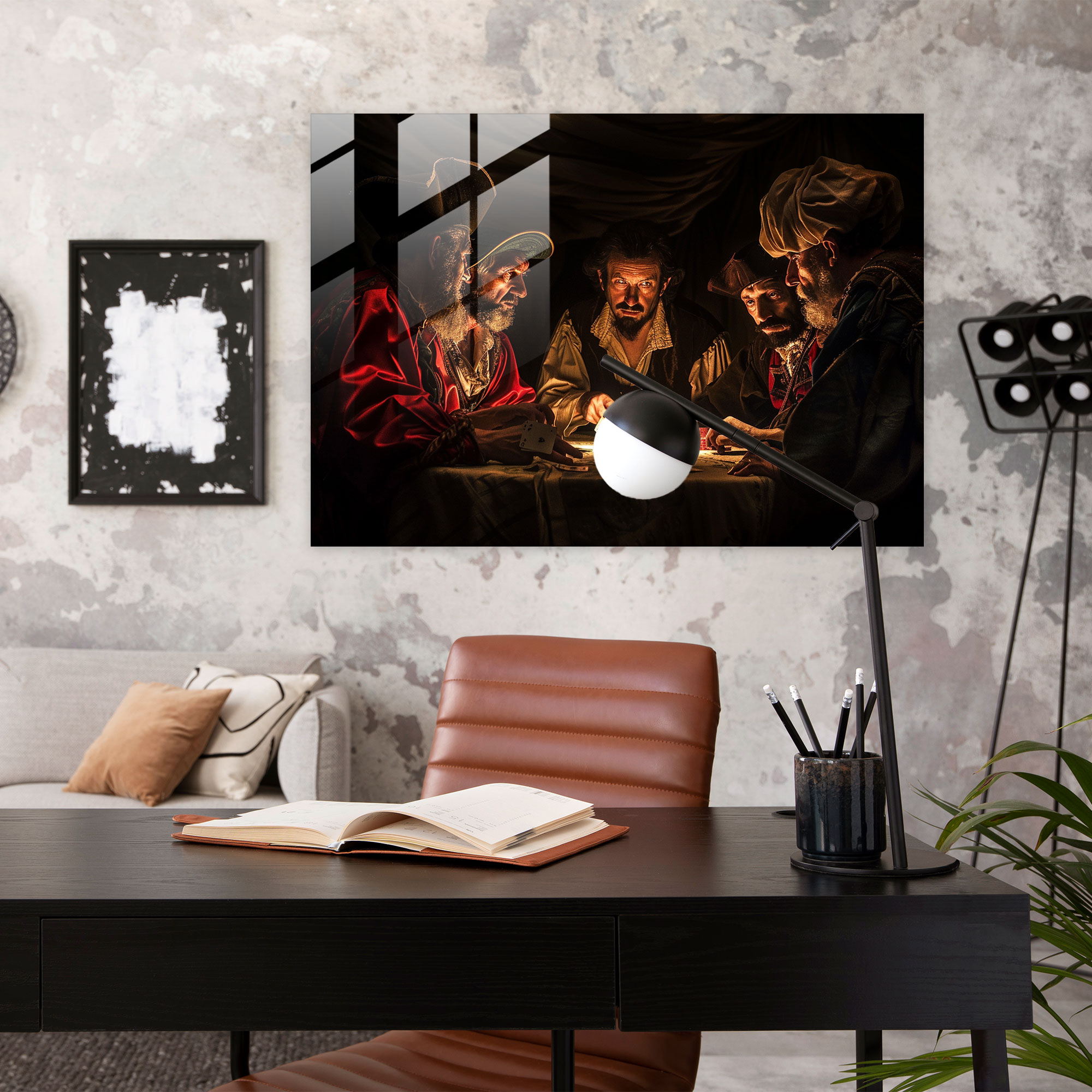 Caravaggio Tarzı Cam Tablo: Kart Oynayan İnsan Grubu - Duvar Dekorasyonu Cam Sanatı Barok Sanat