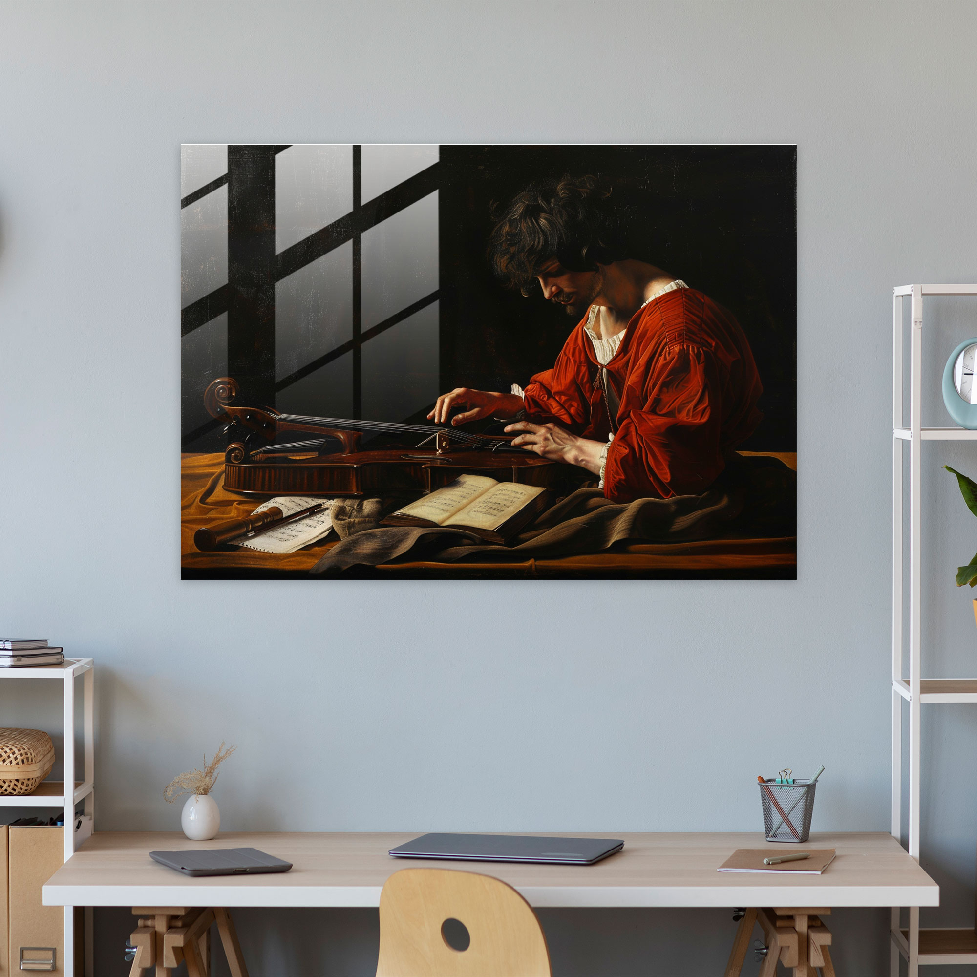 Caravaggio Tarzı Duvar Dekorasyonu: Müzik Aleti Çalan Figür - Caravaggio Belirgin Kontrastlar Kanvas Tablo