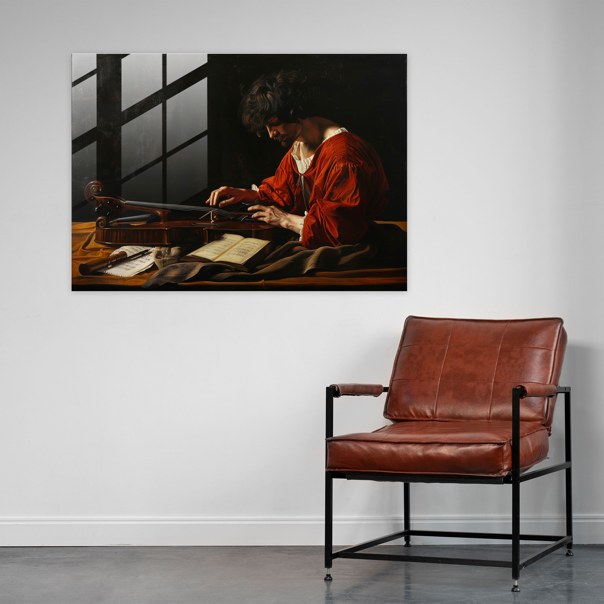 Caravaggio Tarzı Duvar Dekorasyonu: Müzik Aleti Çalan Figür - Caravaggio Belirgin Kontrastlar Kanvas Tablo
