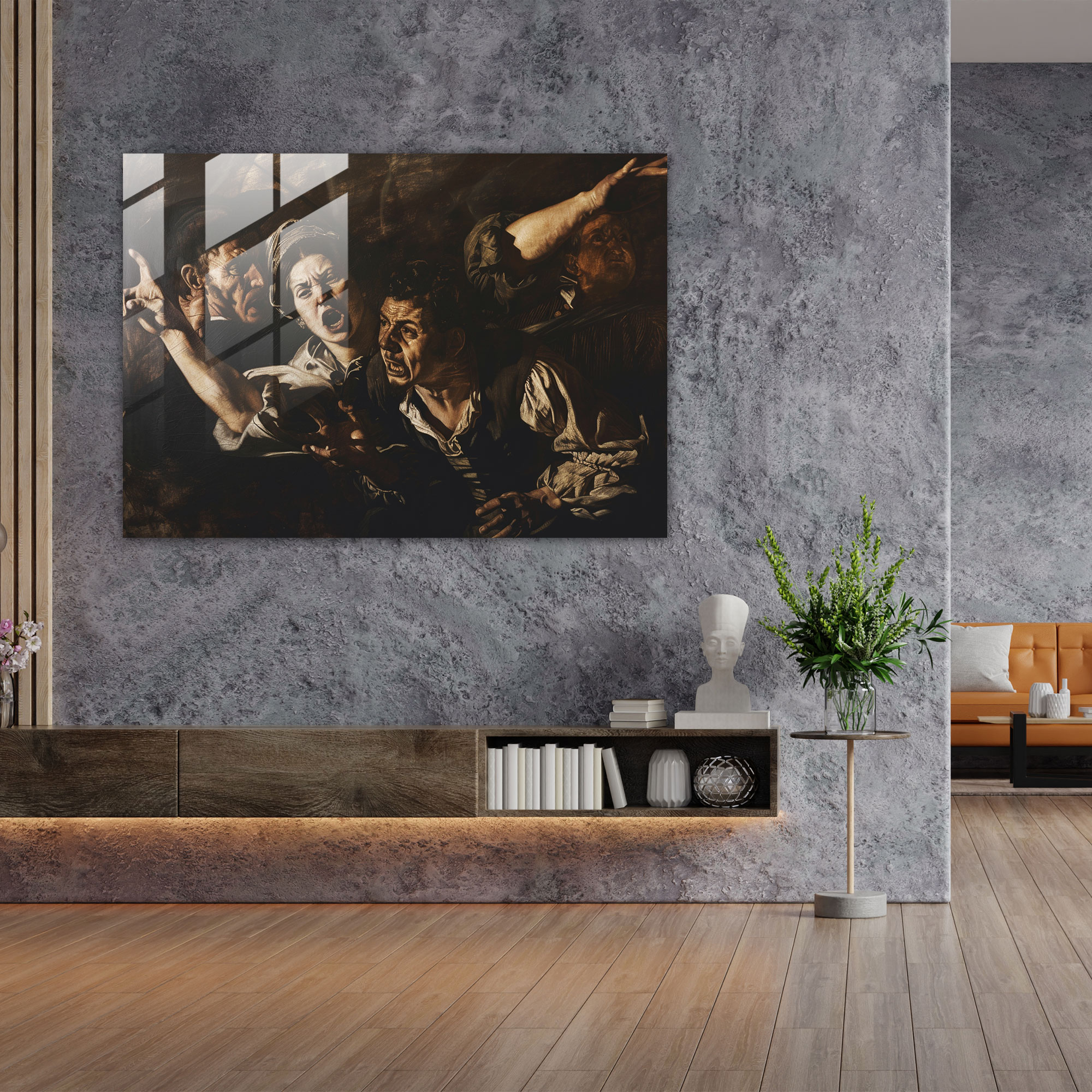 Caravaggio Tarzı Cam Sanatı: İhanet Sahnesi - Caravaggio Tarzı Cam Tablo Dinamik Kompozisyon