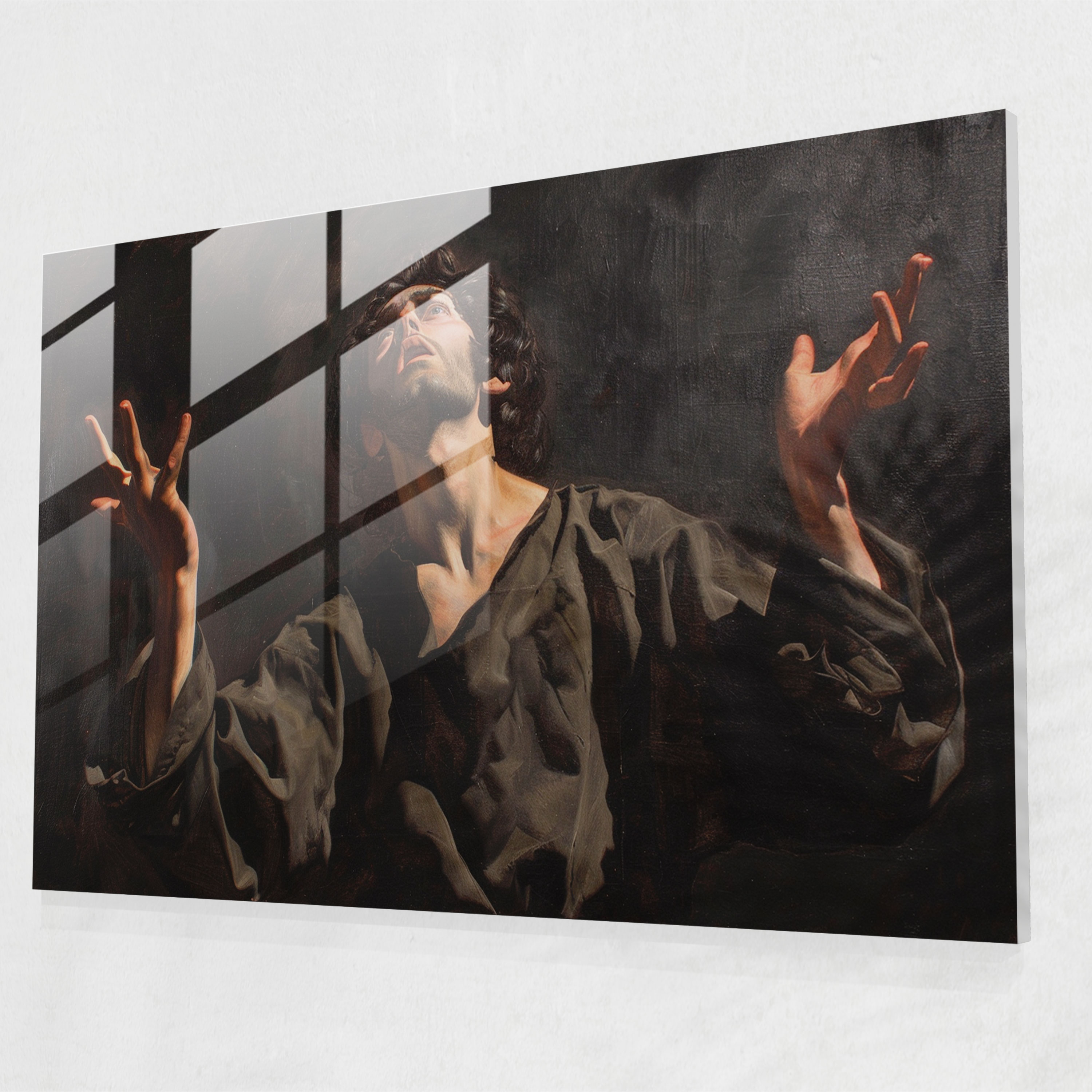 Caravaggio Tarzı Cam Sanatı - Aydınlanma Anında Figür - Ev Dekorasyonu için Cam Tablo
