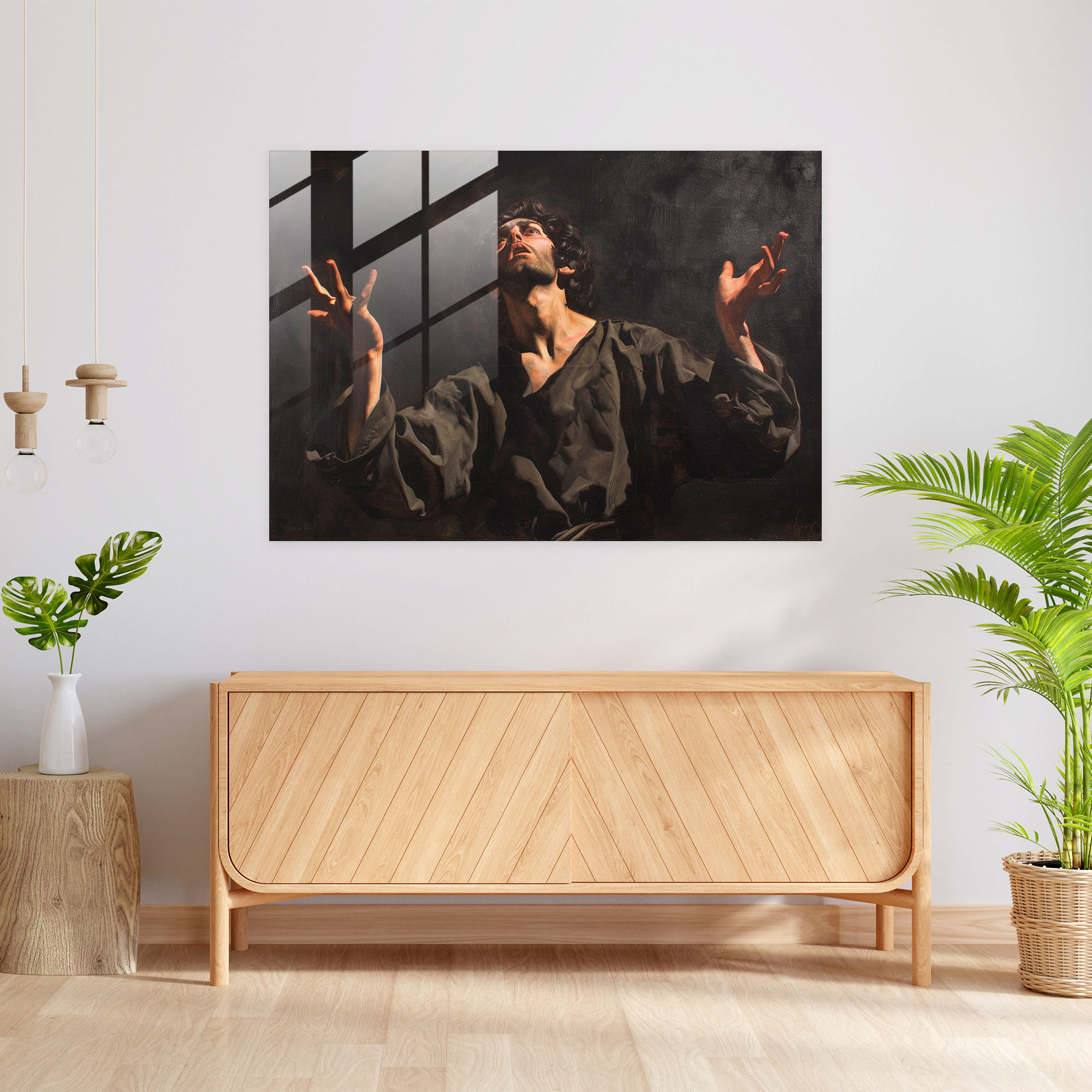 Caravaggio Tarzı Cam Sanatı - Aydınlanma Anında Figür - Ev Dekorasyonu için Cam Tablo