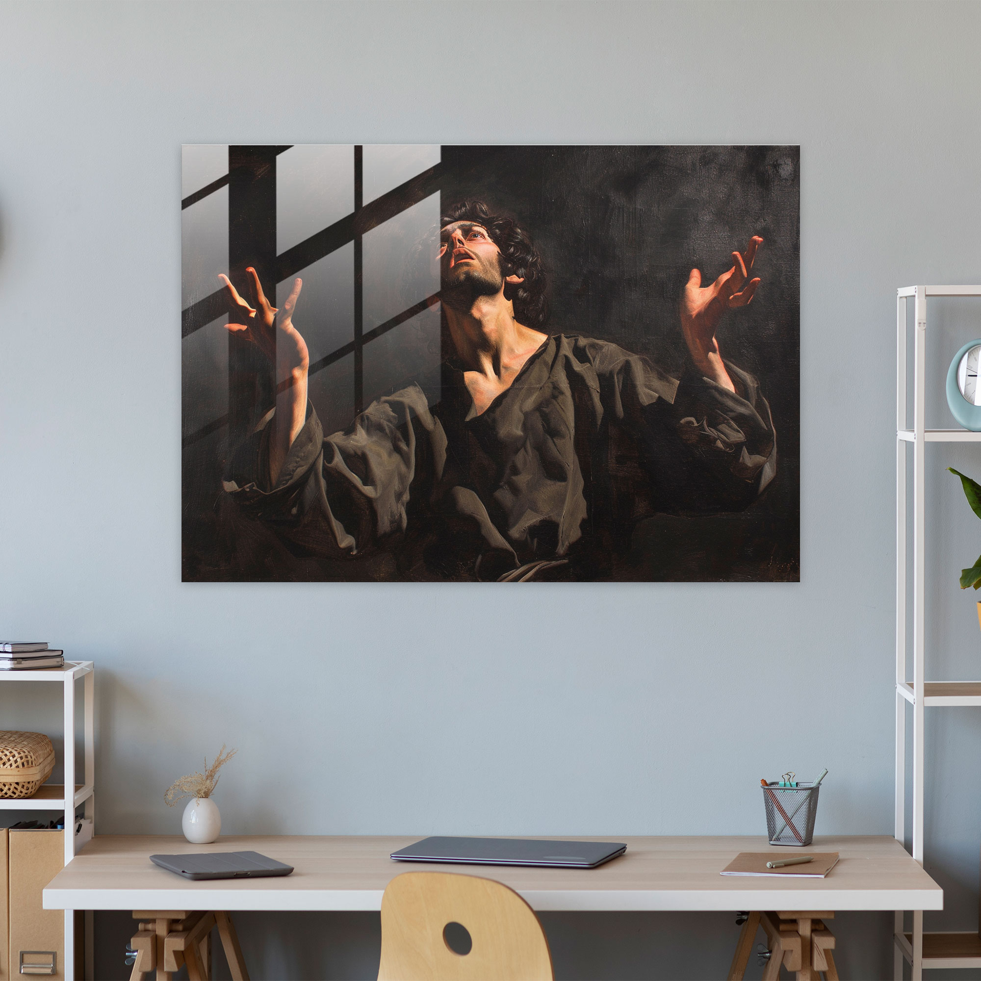 Caravaggio Tarzı Cam Sanatı - Aydınlanma Anında Figür - Ev Dekorasyonu için Cam Tablo