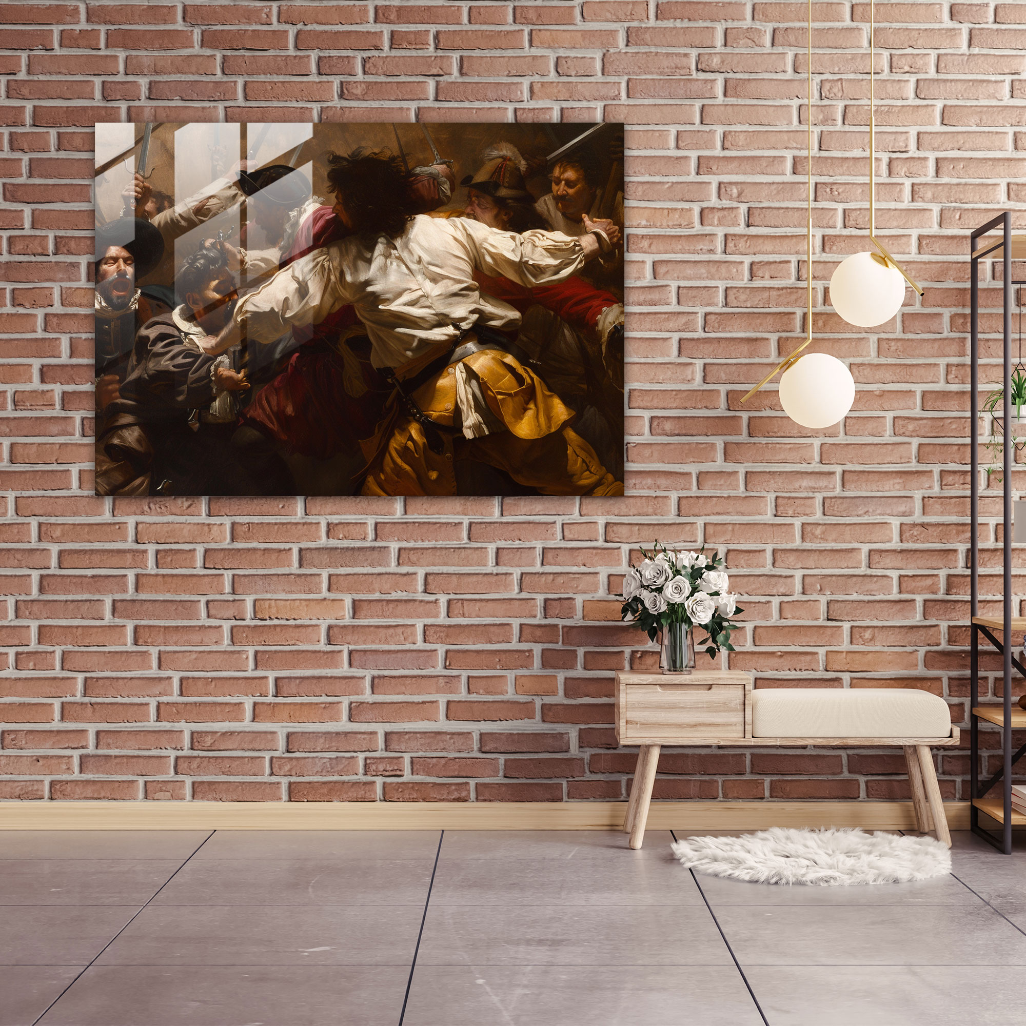 Caravaggio Tarzı Cam Sanatı Savaş Sahnesi Duvar Dekorasyonu