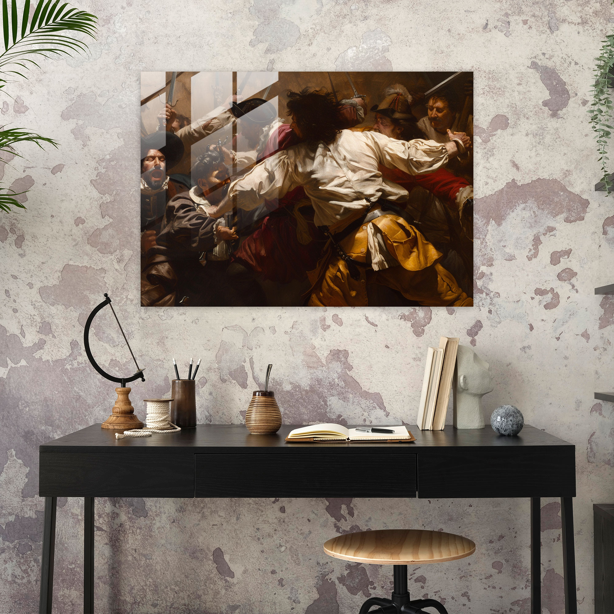 Caravaggio Tarzı Cam Sanatı Savaş Sahnesi Duvar Dekorasyonu