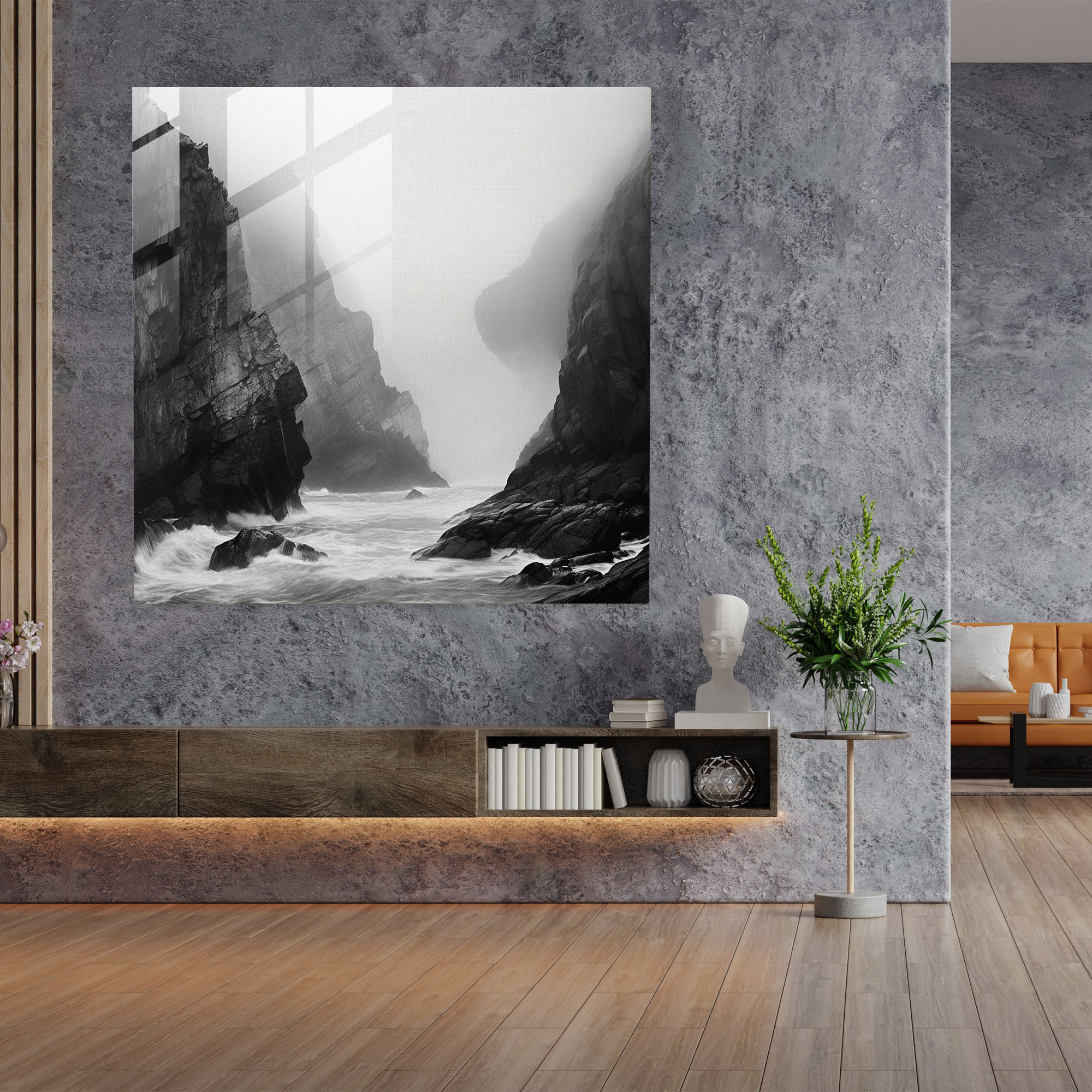 Kıyı Zarafeti Cam Tablo - Minimalist Manzara Duvar Sanatı - Şık Ev Dekorasyonu - Monokrom Cam Sanatı