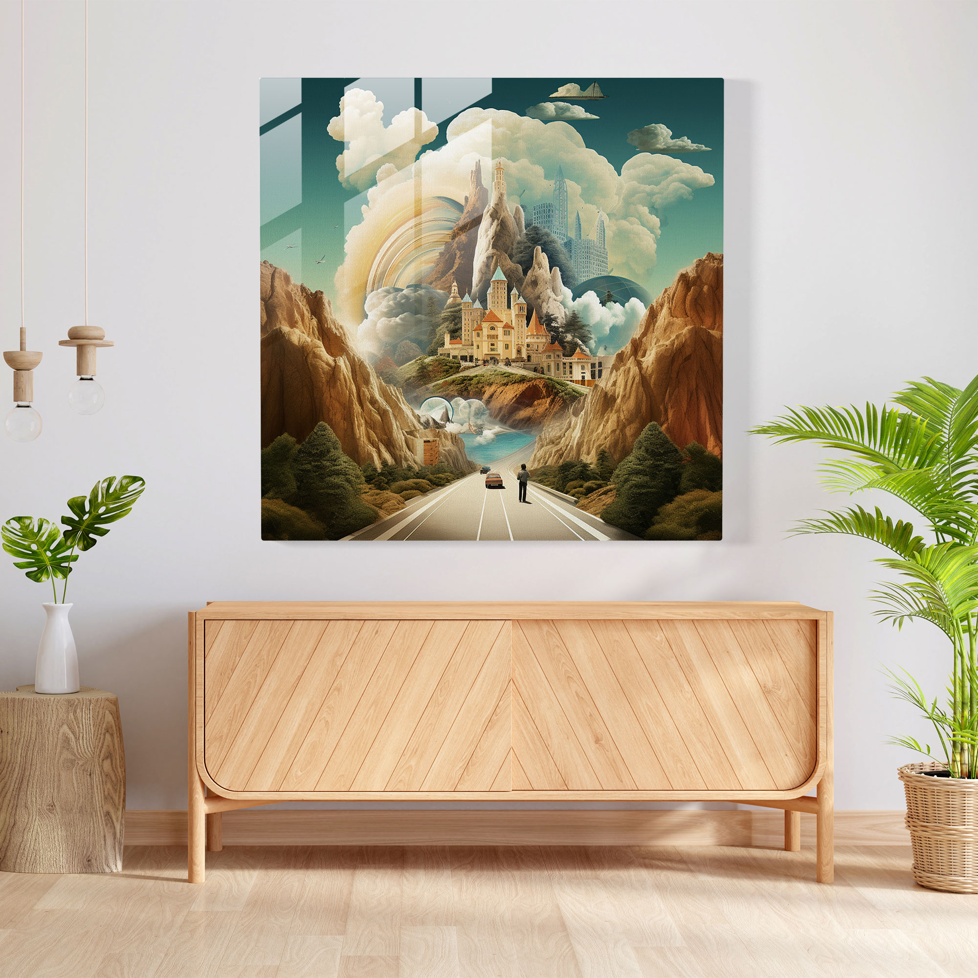 Dreamscape Harikaları Cam Tablo - Gerçeküstü Anıt Duvar Sanatı - Fantezi Ev Dekorasyonu - Hayal Gücüyle Dolu Cam Sanatı