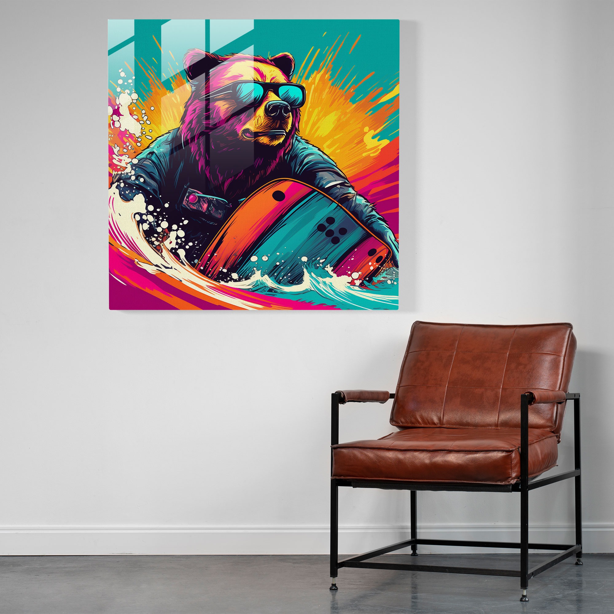 Sörf Yapan Ayı Pop Sanat Cam Tablo